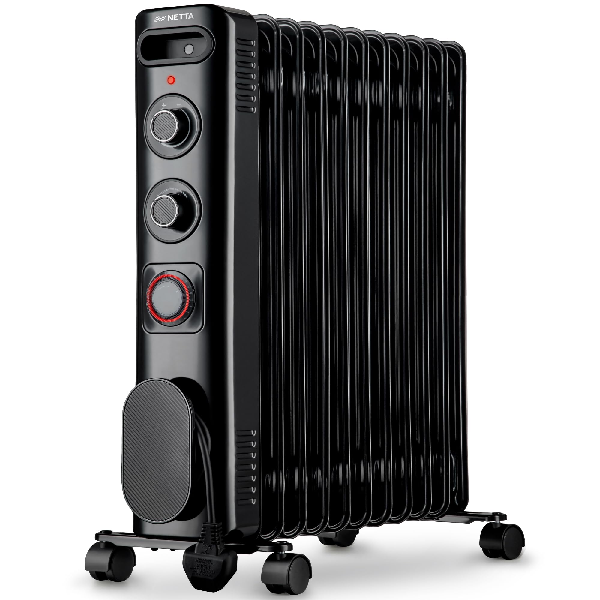 NETTA Oil Filled Radiator 2500W Portable Electric Heater with Thermostat & 24 Hour Timer 2 Power Settings Home Office Energy Efficiency – 11 Fin, Black