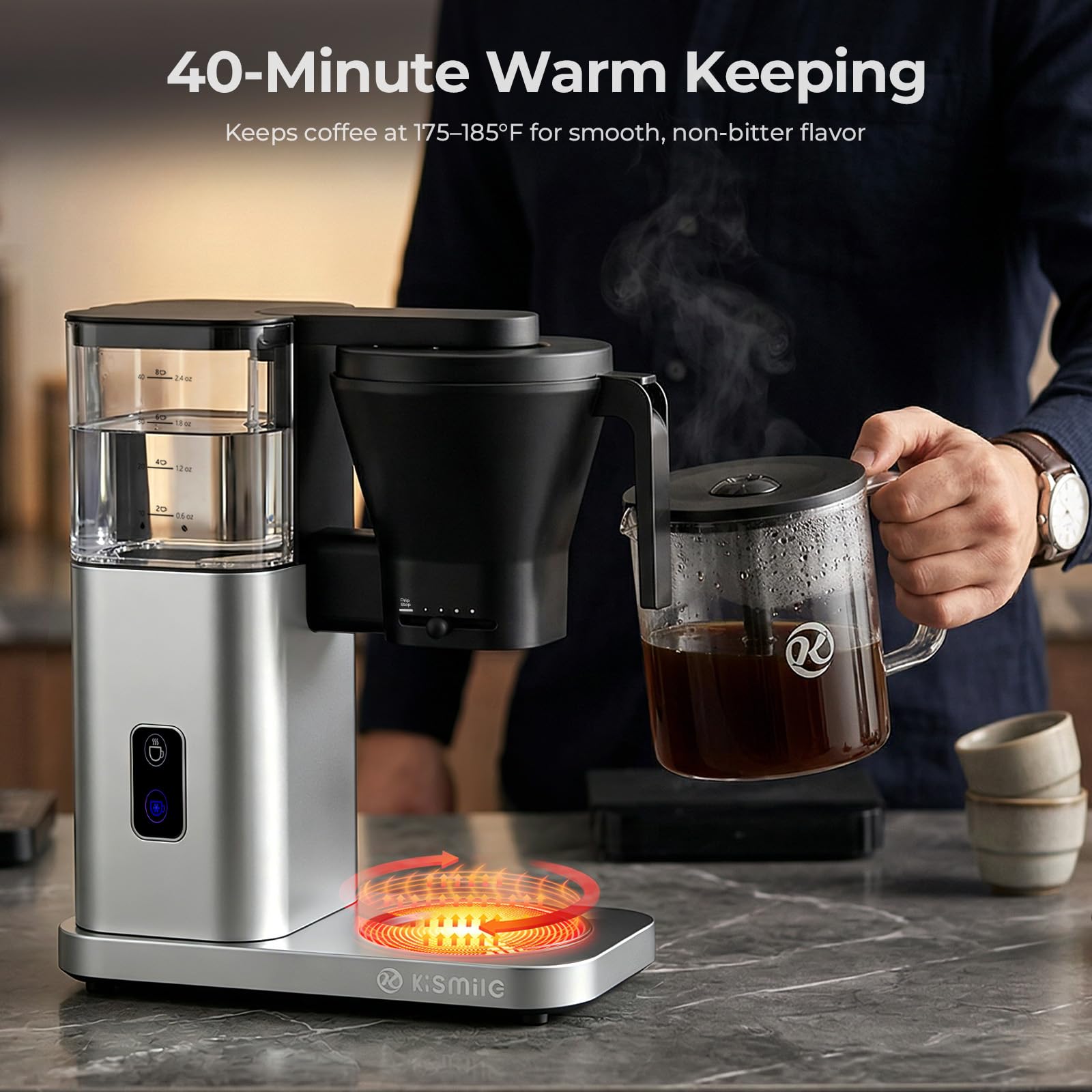 Kismile 8 Cup Drip Coffee Maker, SCA Certified Hot & Cold Brew Coffee Machine, Fast Heating to 197–205℉, 40 Min Keep Warm, Adjustable Flow Control, Easy to Clean