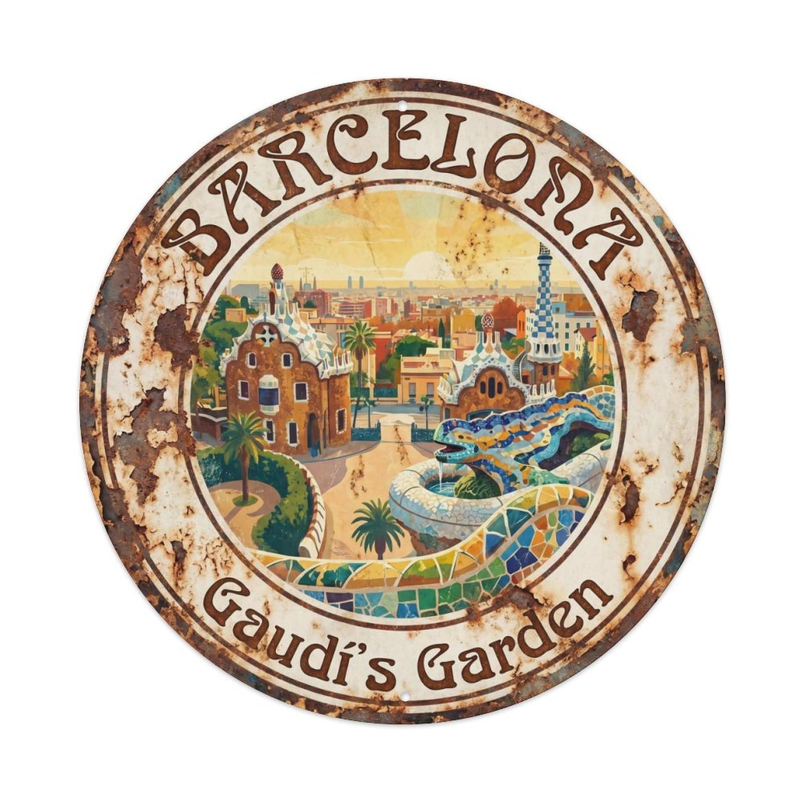 Vintage Travel Barcelona Park Guell Metal Tin Sign Plaque Wall Decor for Cafe, Club, Garden Round Metal Poster 8x8Inch