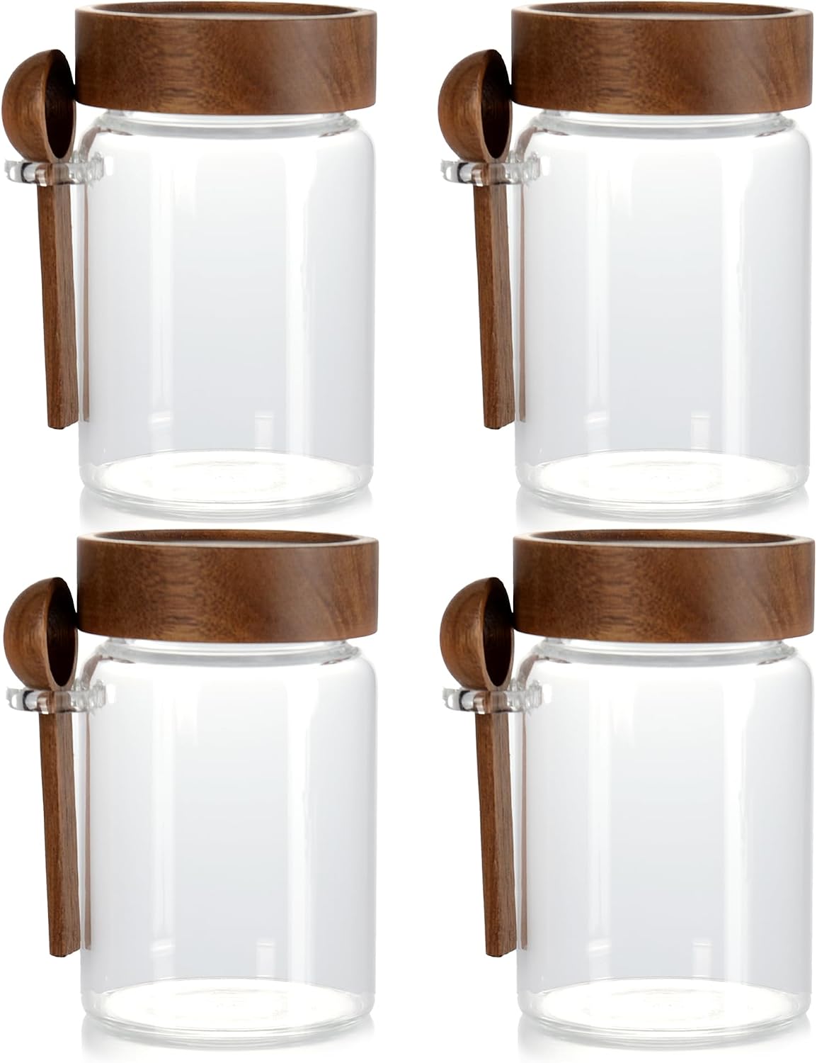 28 oz/850 ml Glass Storage Canister with Airtight Wooden Lid, Clear Small Decorative Container Jar with Spoon for Salad Overnight Oats Snacks Yogurt Cereal Fruit Spice Sugar Coffee - 4 Pack
