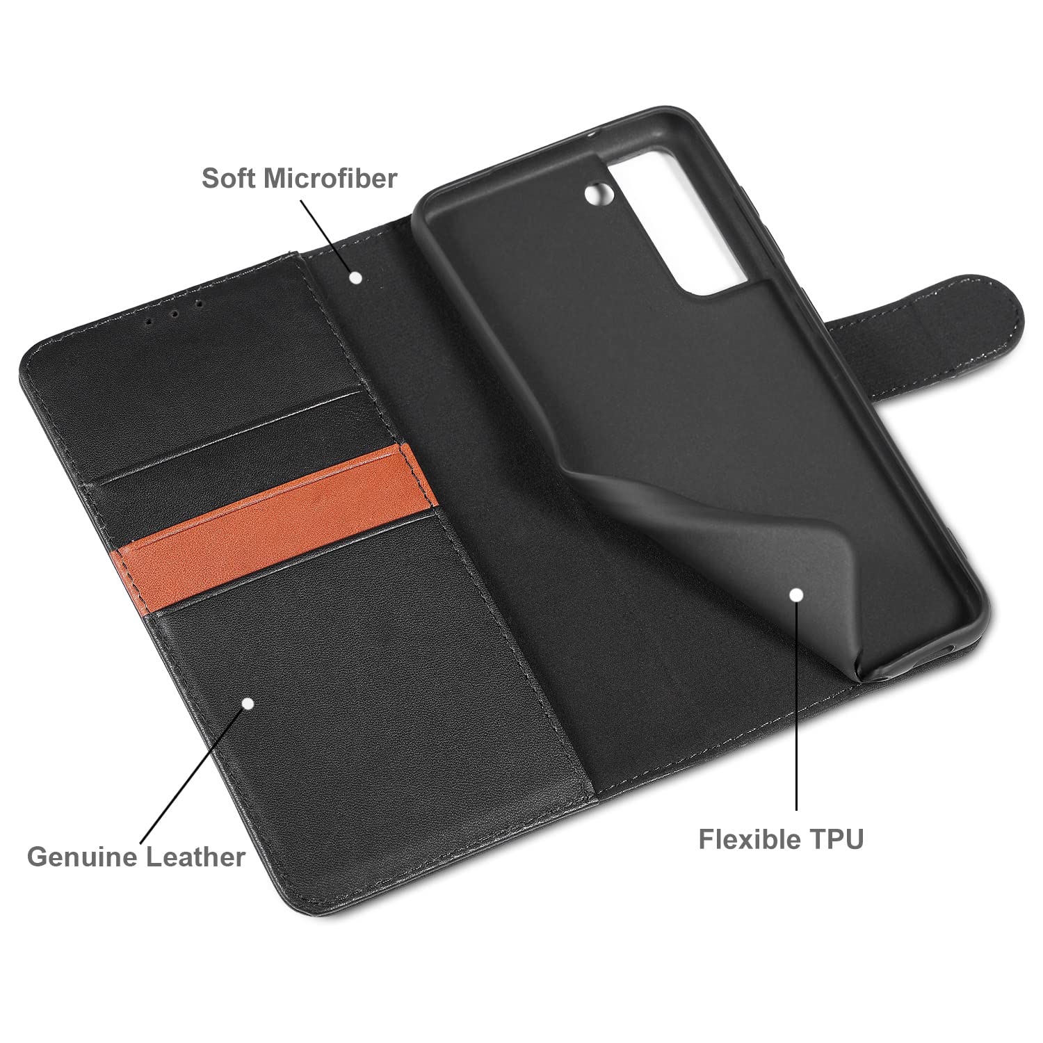 Etui LENSUN do Samsung Galaxy S21 FE 5G, etui z prawdziwej skóry portfel [RFID Blokad] z pamięcią na karty i zapięciem magnetycznym kompatybilne z Samsung S21 FE 5G- czarne (S21FE-JT-5BK)