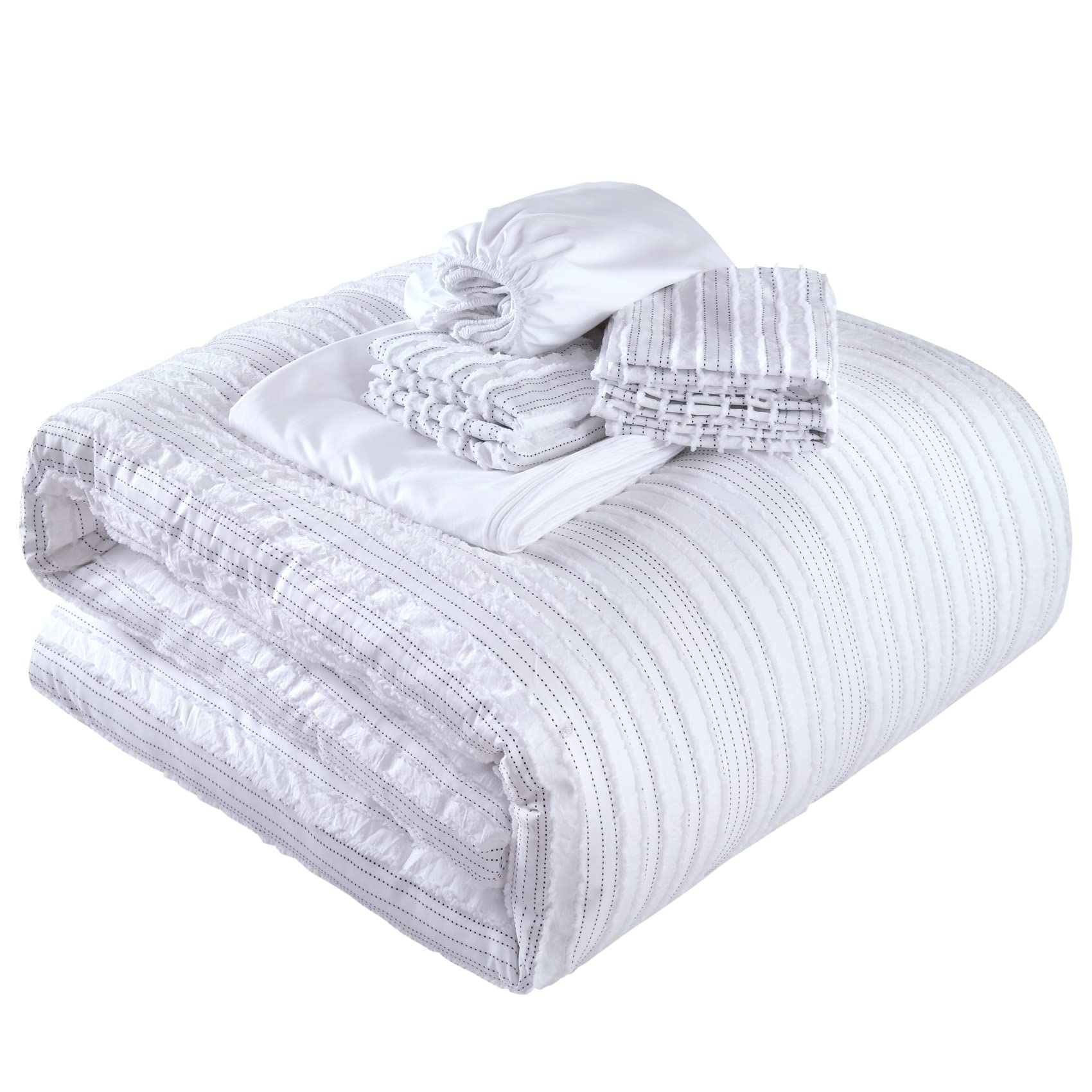 Yunyiio King Comforter Set 7 Pieces White Bed in a Bag Boho Striped Bedding Set Include Comforter, Pillow Shams, Pillowcases, Flat Sheet and Fitted Sheet for All Seasons