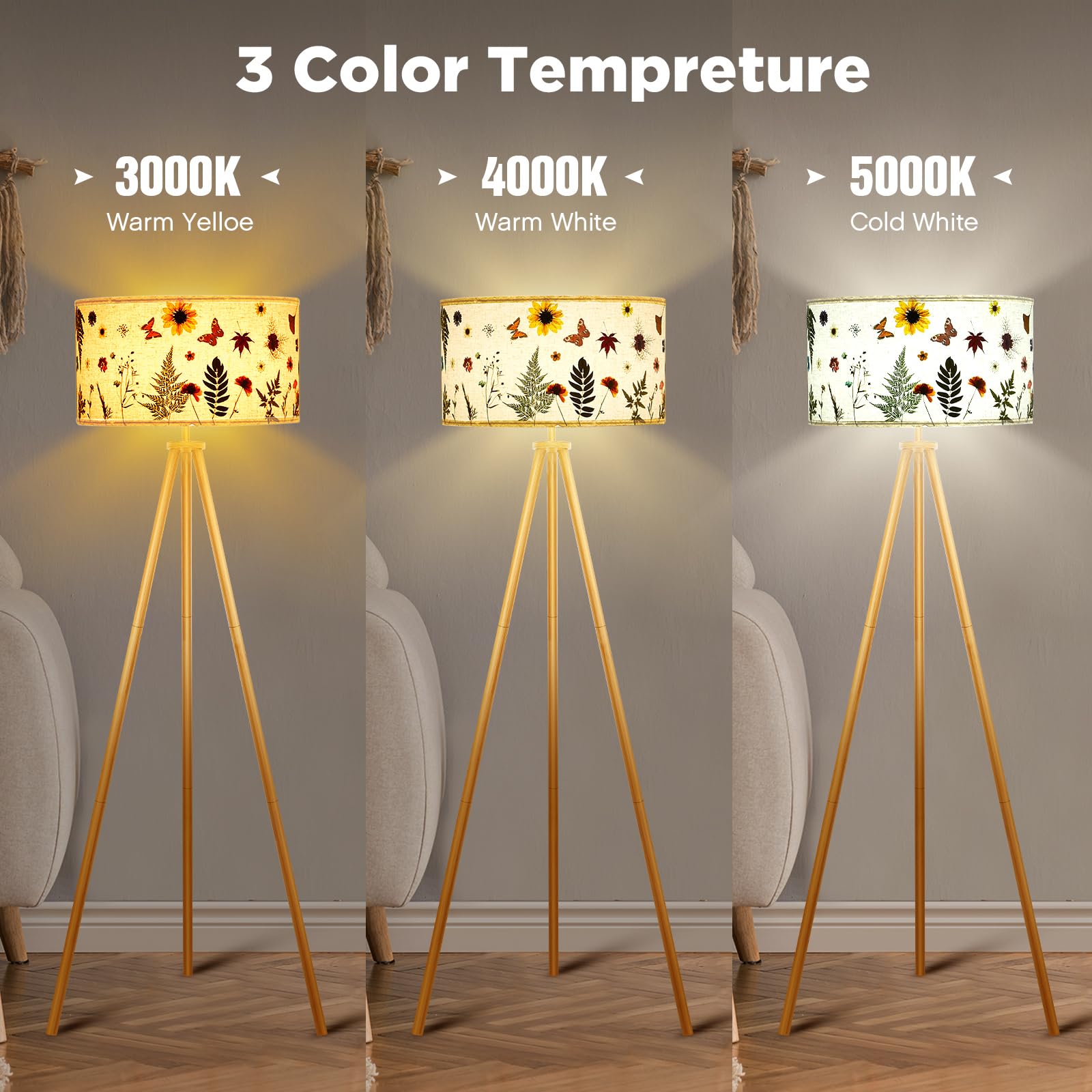 Hortsun Flower Wood Tripod Floor Lamp Pressed Flower Floor Lamp Modern Design Mid Century Standing Lamps Vintage Tall Standing Lamps with 3 Light Modes for Living Room Bedroom Study Room Office