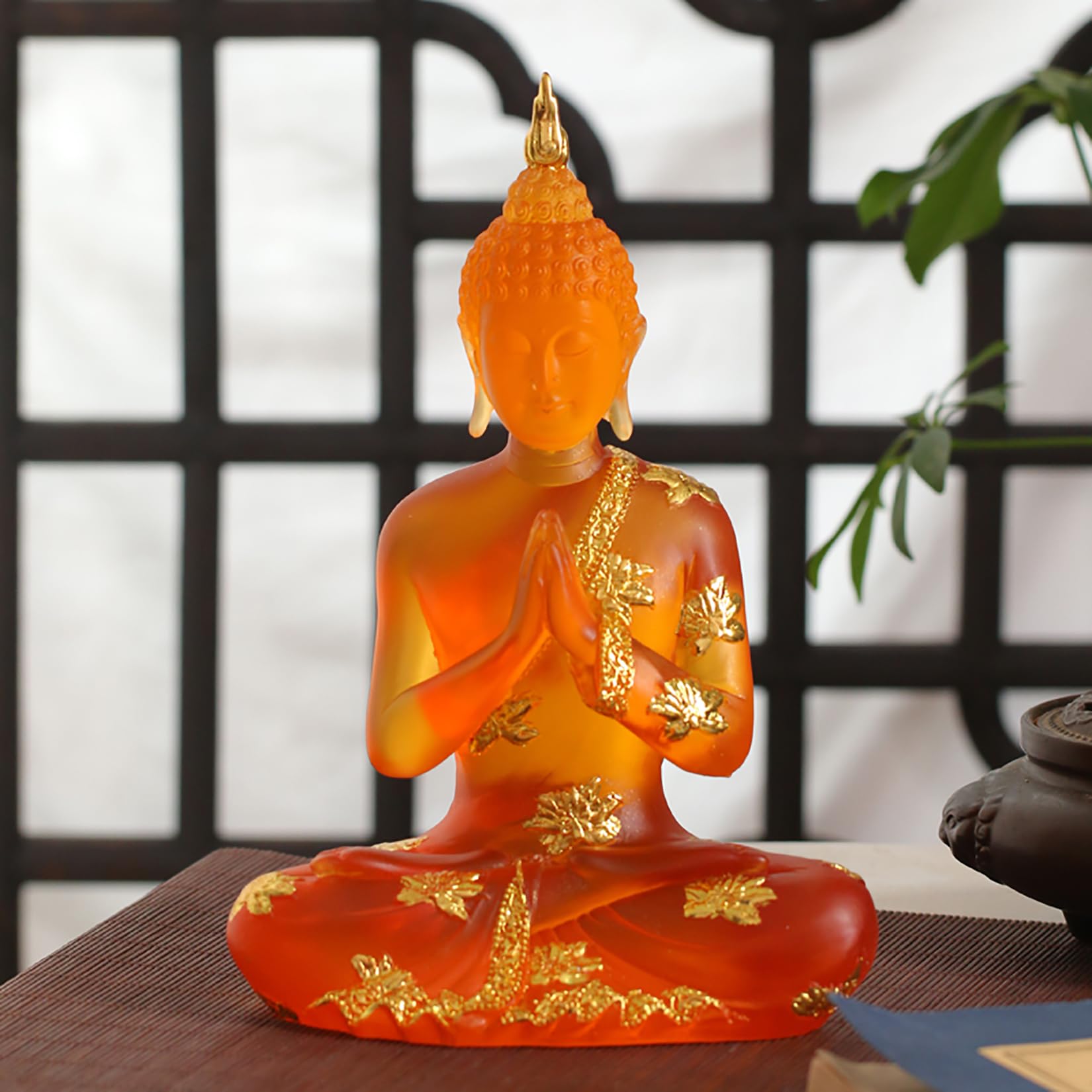 Estatua de Buda de Resina de Cristal Decoración de Meditación Interior, Estatuilla de Buda Sentado Tailandés Regalos Espirituales para Mesa Zen,Naranja,L
