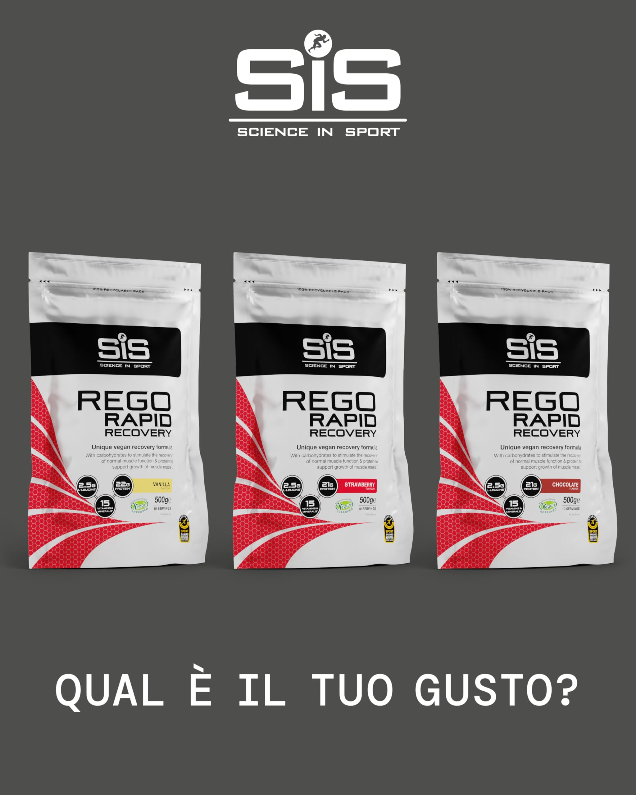 Science in Sport Rego Rapid Recovery 500g Fragola Vegan - Drink di recupero in polvere con carboidrati, proteine in polvere, elettroliti, vitamine e minerali, Favorisce un allenamento efficace