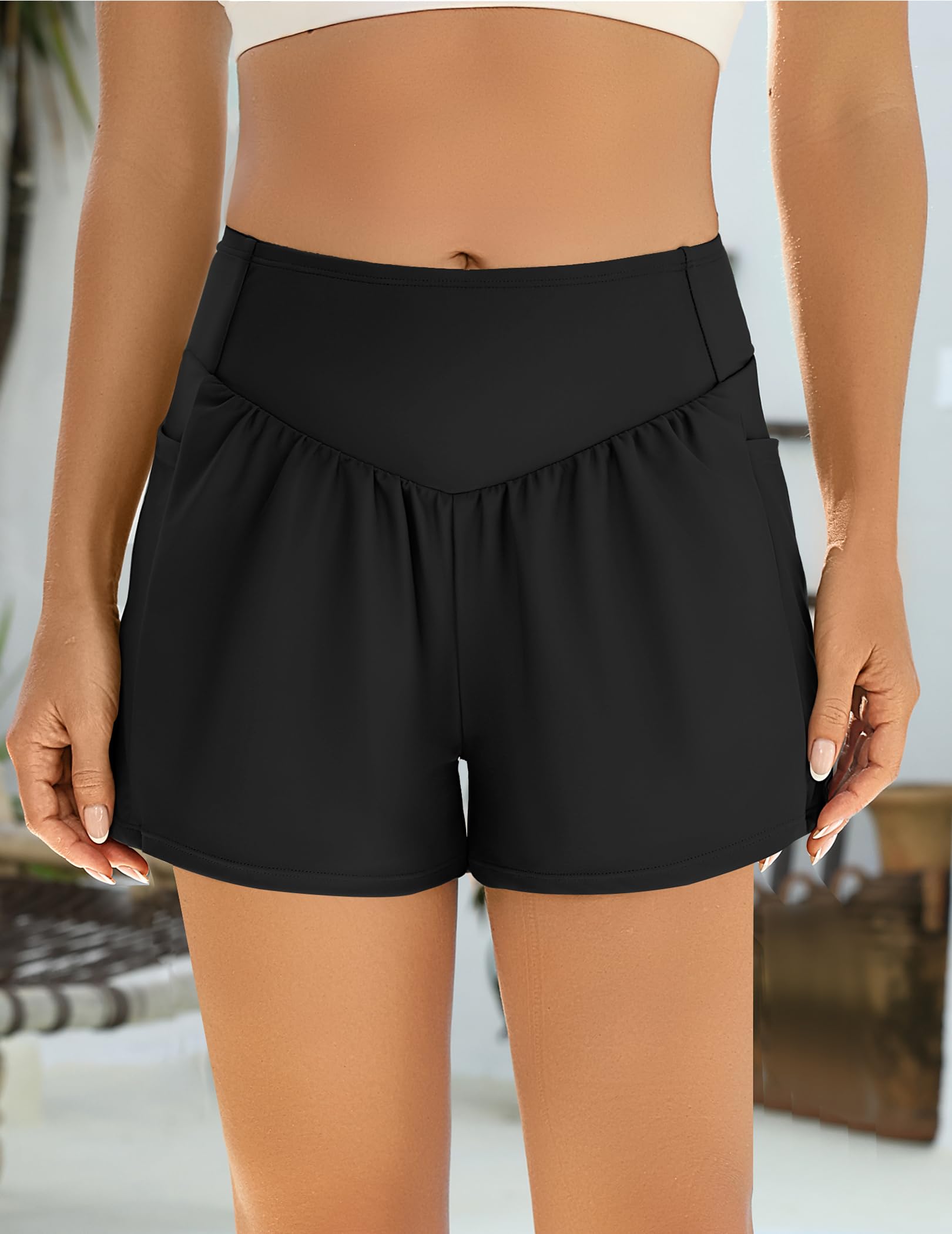 Ekouaer Short de Bain Femme Eté Bain Shorty Bas de Maillot Natation Short Élastique Plage Shorts avec Poches S-XXL