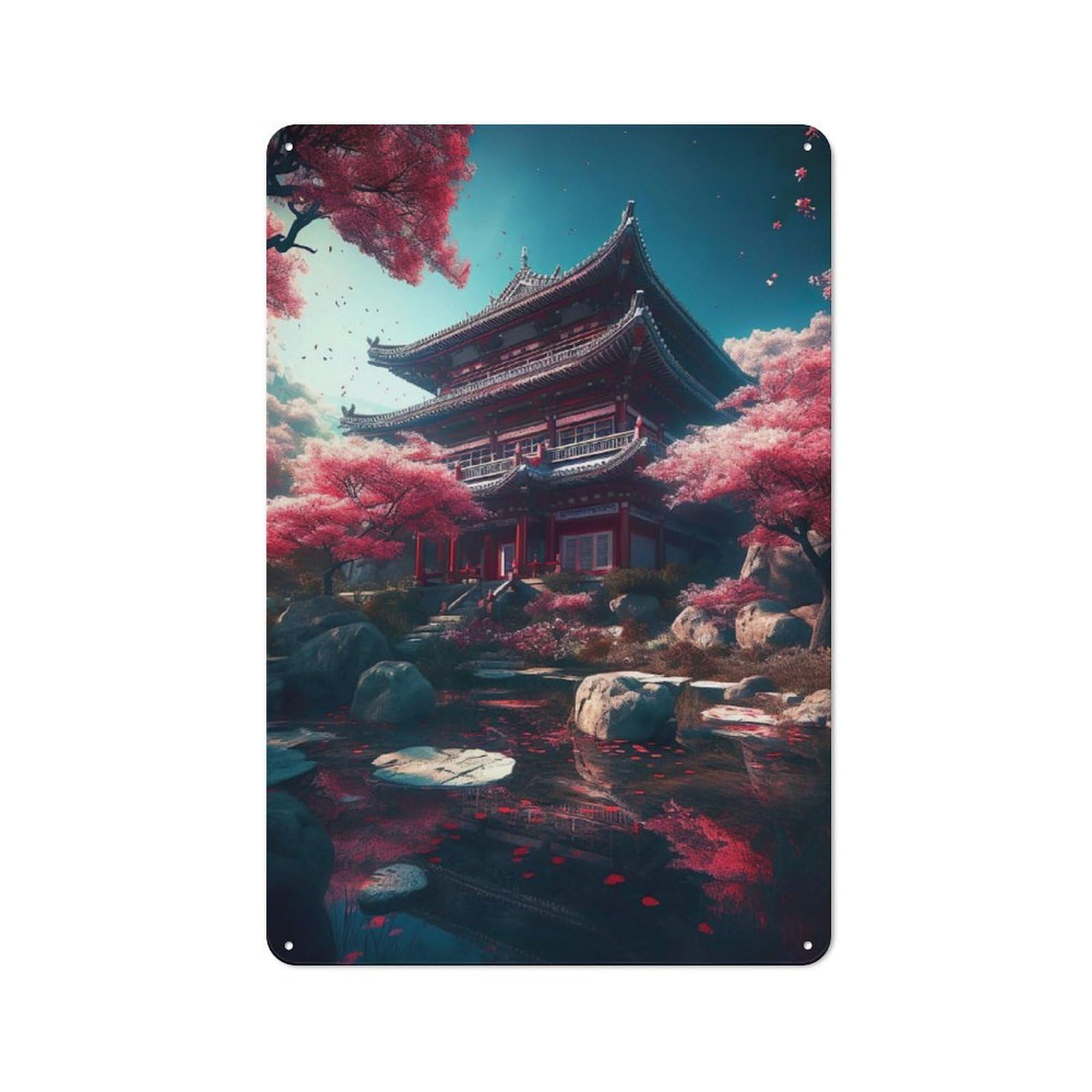 Junmoney Japanese Garden Building Retro Retro Metal Sign 30X20cm Featuring Old Style Wall Plaque For Lounge, Study, Pub Or Wall Gallery