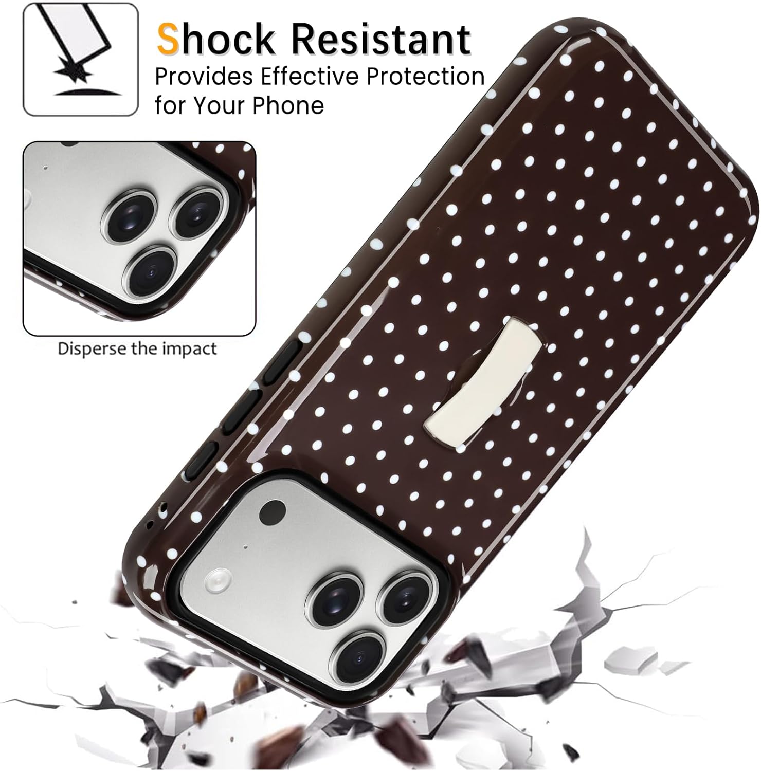 SOKAD Polka Dots Phone Case for iPhone 17 Pro Max with Finger Strap Kickstand, Vintage Brown Polka Dot Pattern for Girls Women, Glossy Shockproof Protective Cover - Image 4