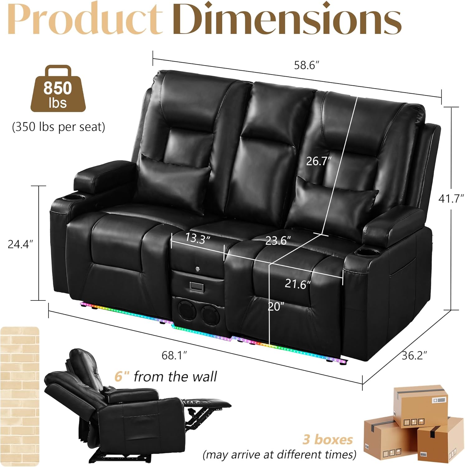 Loveseat Recliner RV Couch with Console, Dual Manual Reclining Loveseat with LED Light, USB & Type-C Ports, Bluetooth Speakers, RV Sofa for Camper, Travel Trailer, Faux Leather, Black