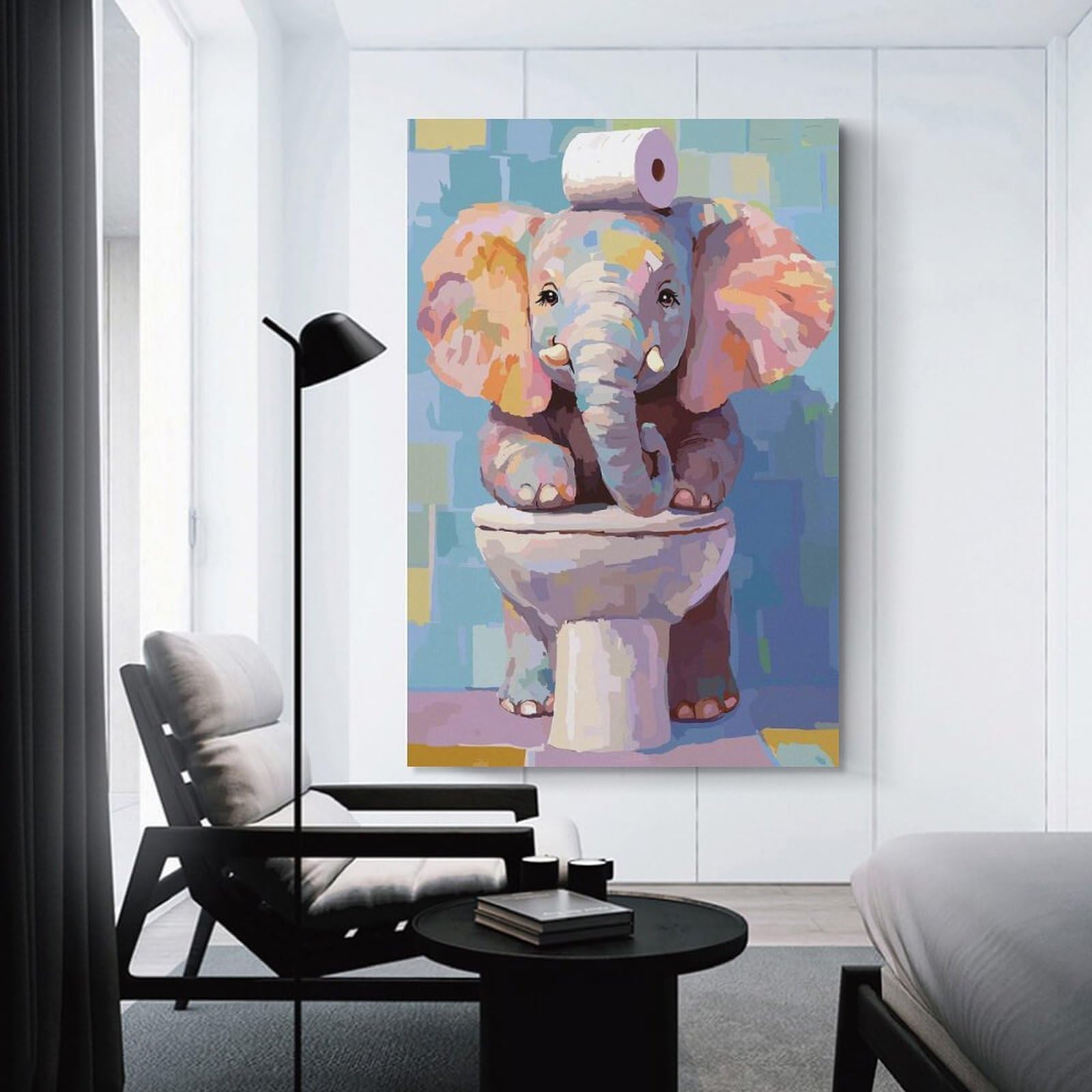 Junmoney Unframe-Style-15 Elephant On Toilet With Toilet Paper Home Decor Wall Art 16X24inch(40X60cm), For Lounge, Study, Hallway Or Flat Walls, Stylish Home Artwork For Focal Walls
