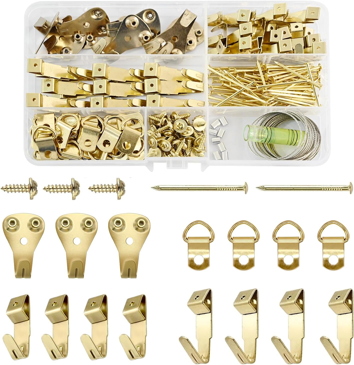 220-Piece Universal Picture Hanging Kit with Level – Heavy Duty Wall Hooks, D-Rings & Picture Wire, Complete Hanging Hardware Set