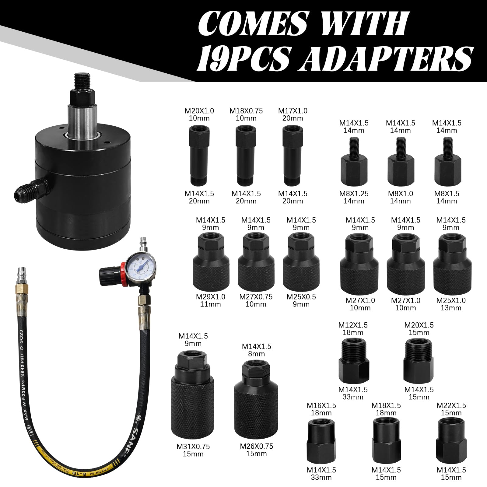 JAOGAUS Extractor Neumático de Inyectores con Manómetro y Adaptadores, Kit de Extracción para Inyectores Diésel con Aire Comprimido, Compatible con Bo*SCH Delp*hi De*nso Sieme*NS