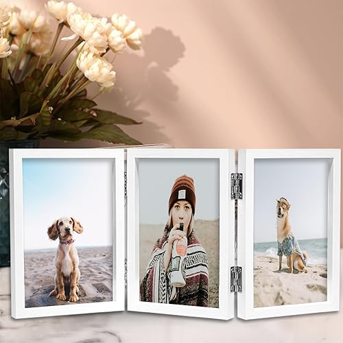 Miniatura 4 de TOFOREVO Marco de fotos de madera triple de 4 x 6 pulgadas, con tres bisagras, soporte de cristal verticalmente en escritorio o mesa, color blanco
