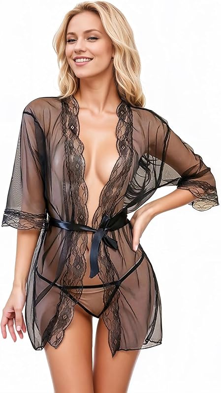 Sexy Robes for Women Kimono Robe Sheer Short Lace Robe Babydoll Lingerie Mesh Nightgown Black Onesize 2-8