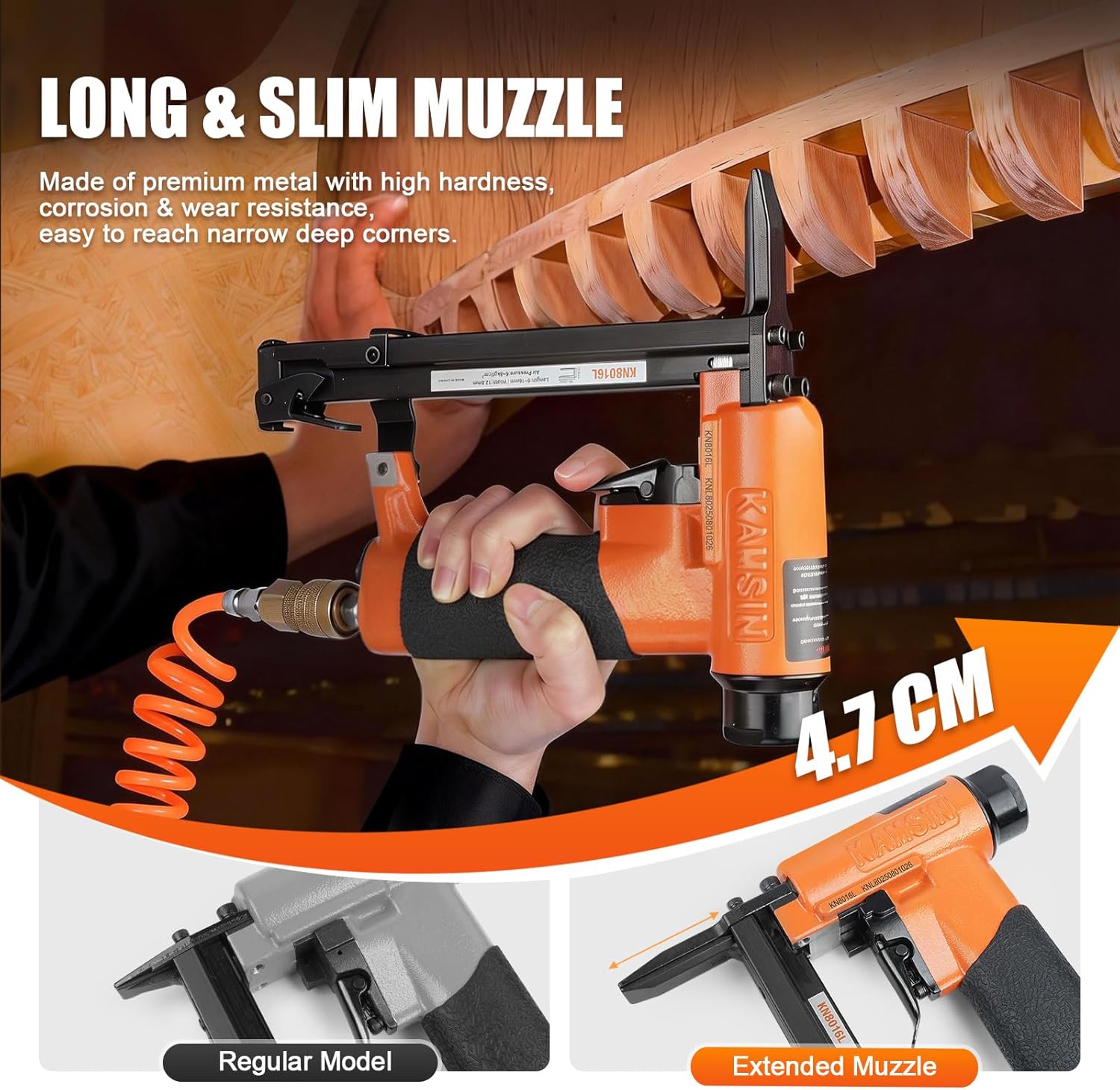 KN8016L 21 Gauge Pneumatic Long Nose Upholstery Fine Wire Stapler, 1/2'' Crown 1/4'' - 5/8'' Length Fine Wire Stapler Bundle with 10,000pcs 8010 Staples