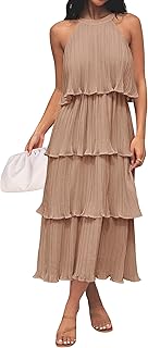 ZESICA Women's 2023 Summer Sleeveless Halter Neck Ruffle Tiered Layered Chiffon Flowy Swing Long Midi Dress