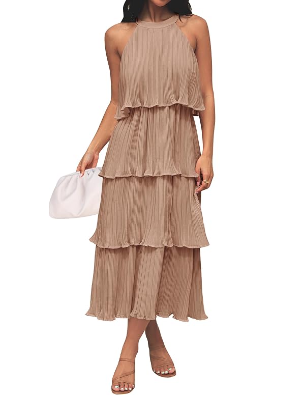 ZESICA Women's 2025 Summer Sleeveless Halter Neck Ruffle Tiered Layed Chiffon Flowy Swing Long Midi Dress,Khaki,Large by ZESICA - Used condition - US$53.39