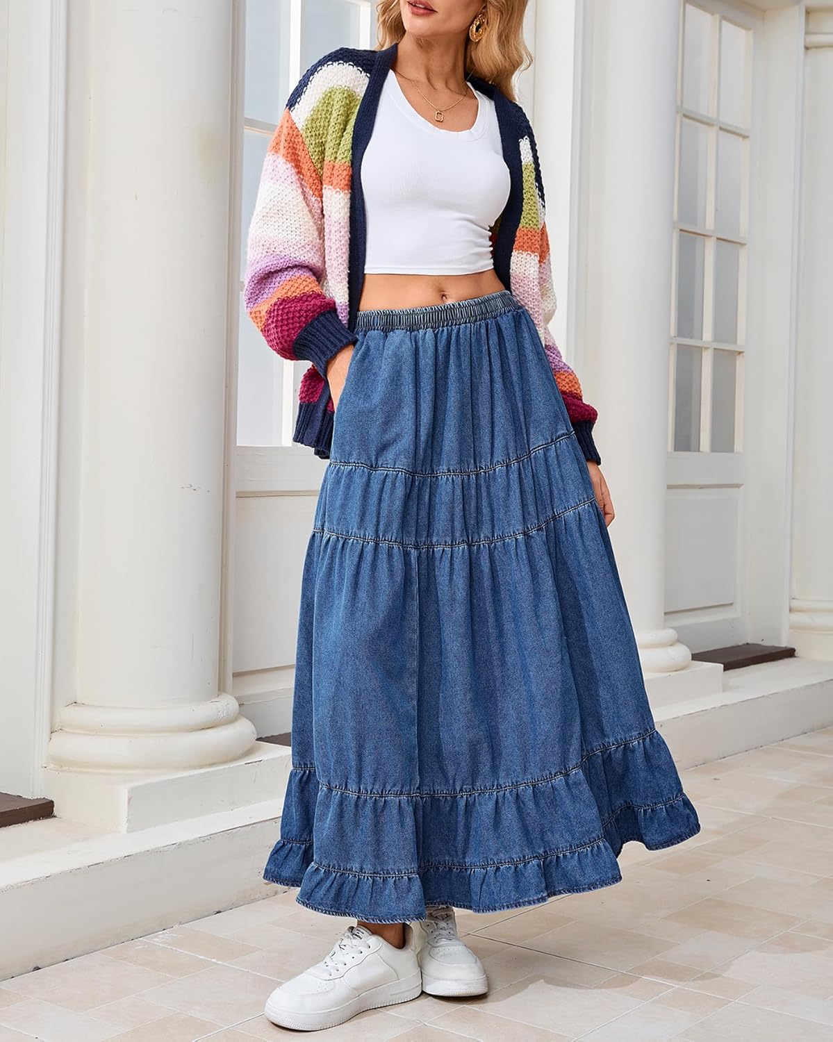 Women's Swing Chambray Maxi Skirt Elastic Waist Pleated Tiered Flowy Long Skirts Retro Denim Skirt - Image 3