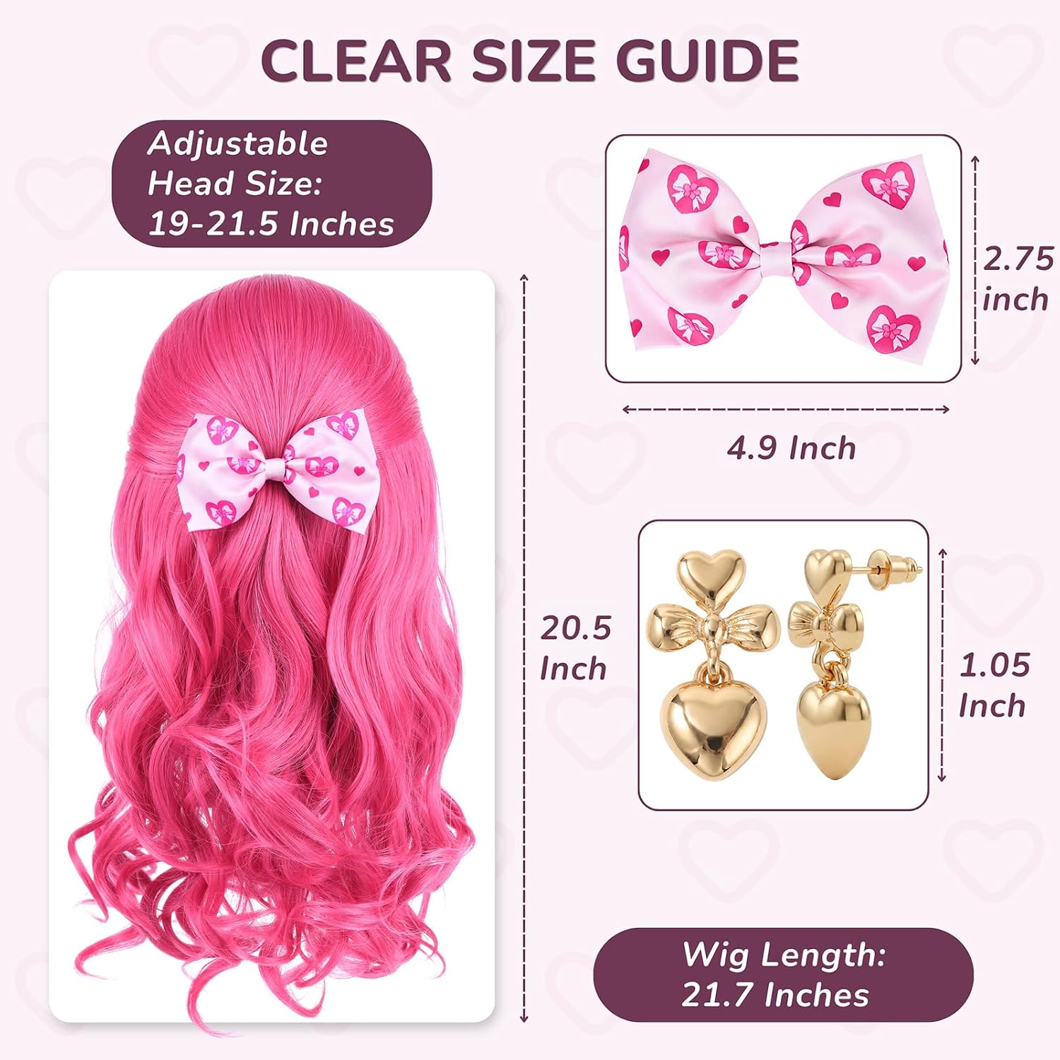 Kids Long Pink Wavy Cosplay Wig with Bow Earrings for Princess Costume