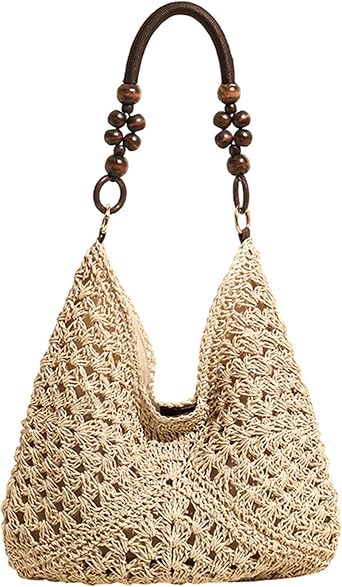 Straw Beach Tote Bag, Summer Boho Woven Bags with Magnetic Buckle & Beaded Handle Rattan Shoulder Handbags for Travelling Dating Shopping