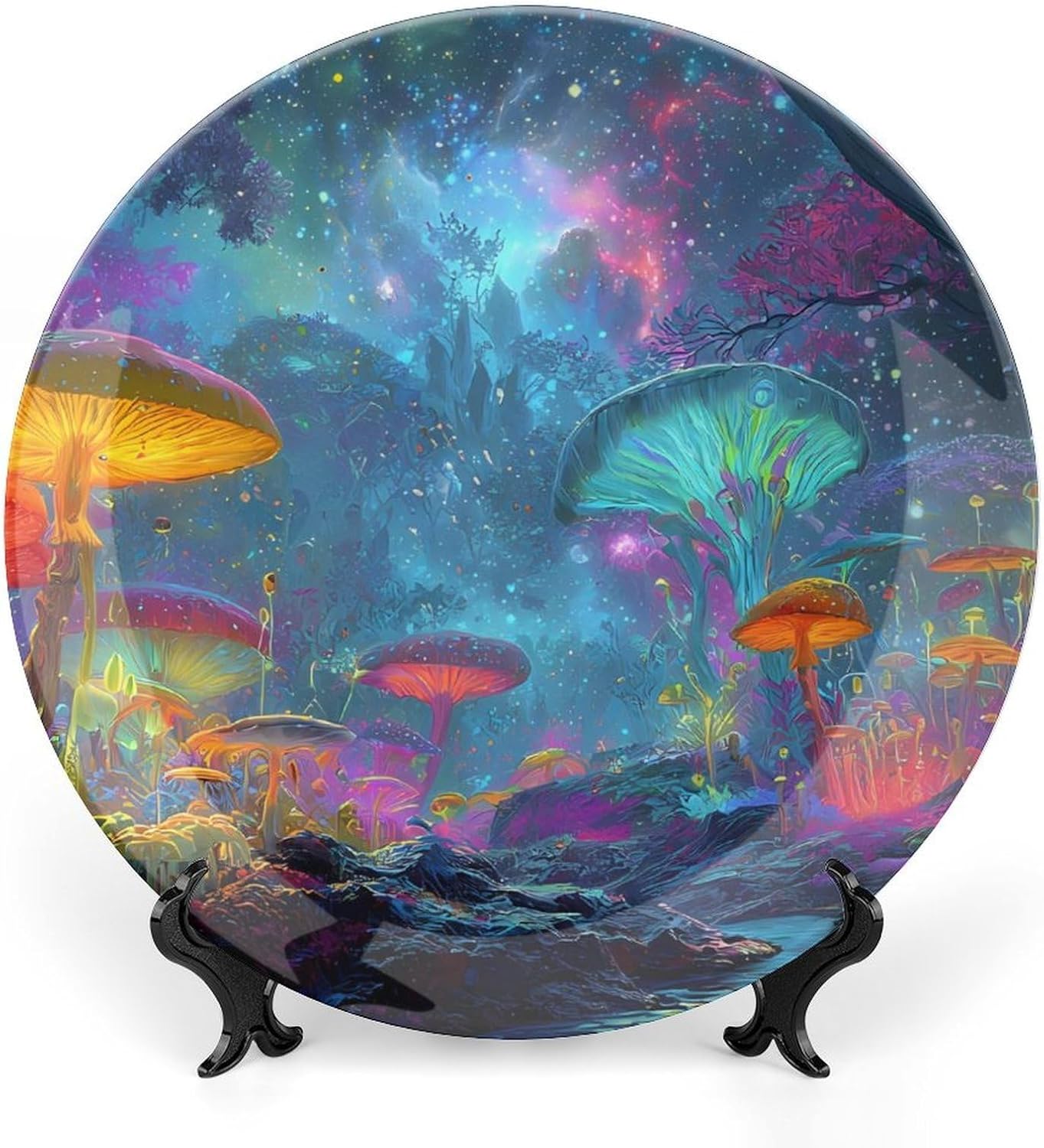 Psychedelic Mushroom Forests Universes Decorative Plates for Display Ceramic Plate Tray with Stand Hanger Home Decor