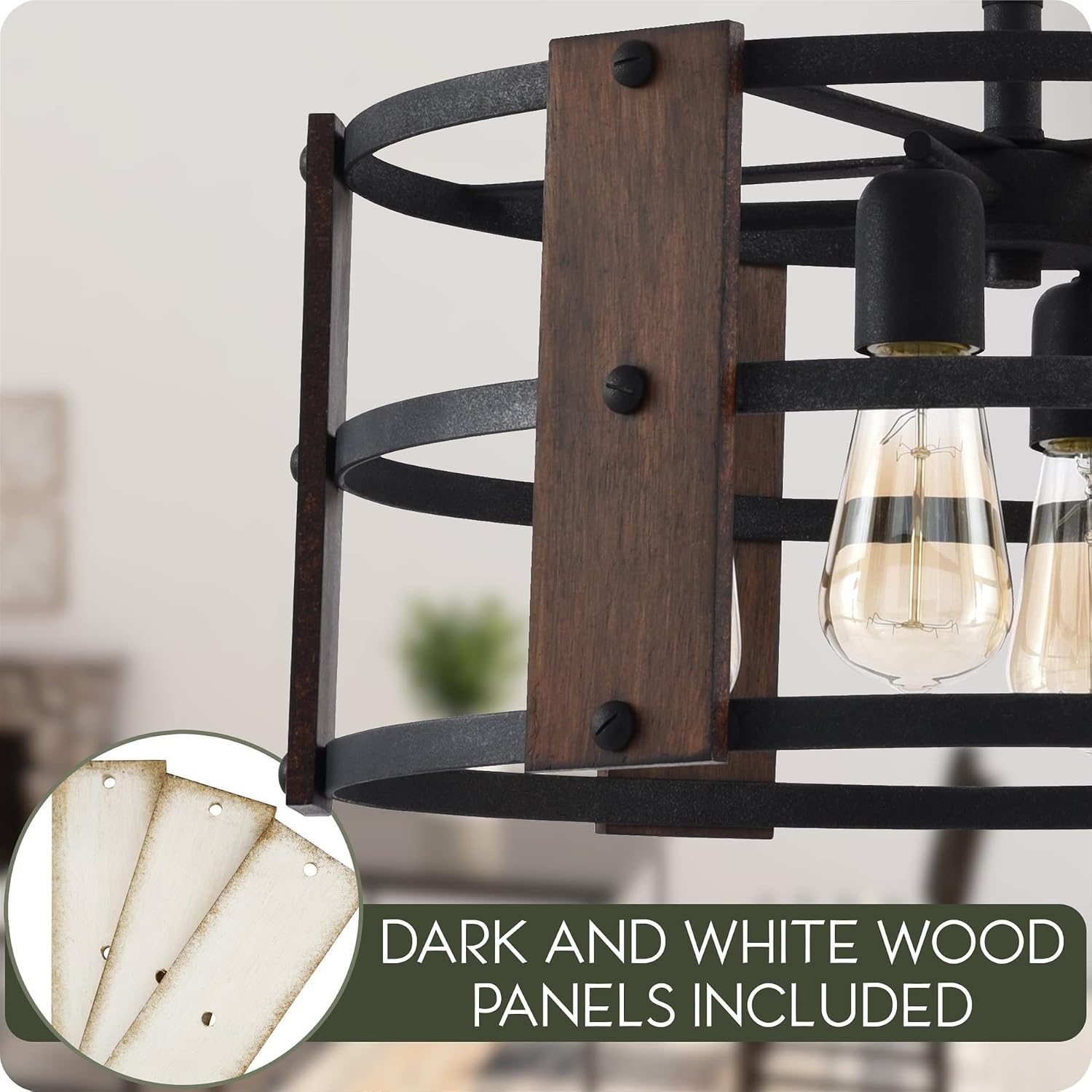 Kira Home Madera 18" 4-Light Modern Farmhouse Chandelier + Wood and Metal Round Shade, 2 Wood Panel Styles (White Ash/Walnut), Coarse Black Finish