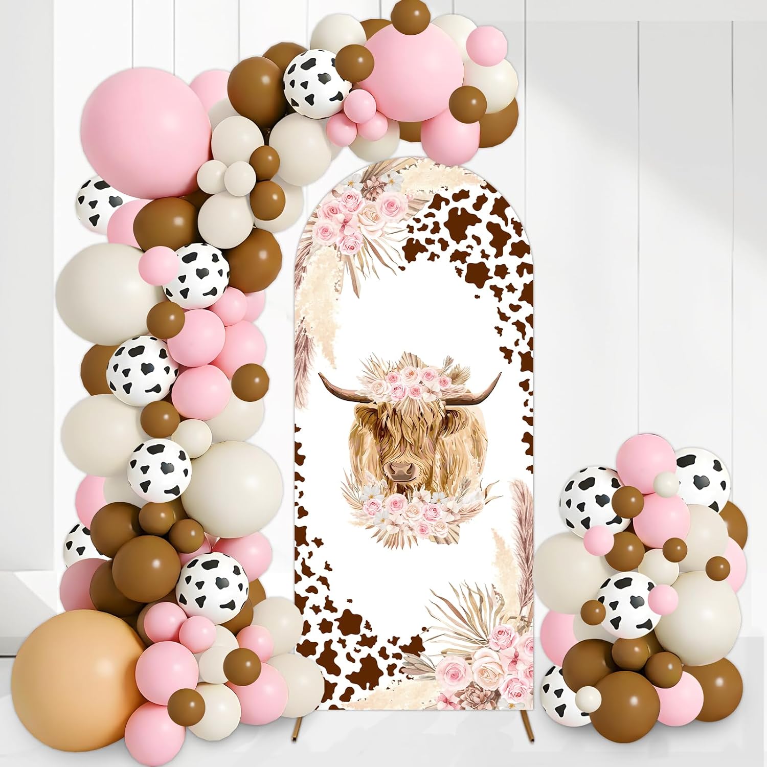 Highland Cow Baby Shower Decorations Arch Backdrop Covers and Balloon Garland Arch Kit 6ft Brown Floral Cow Print Cattle Backdrop for Highland Cattle Birthday Party Baby Shower Decorations Supplies