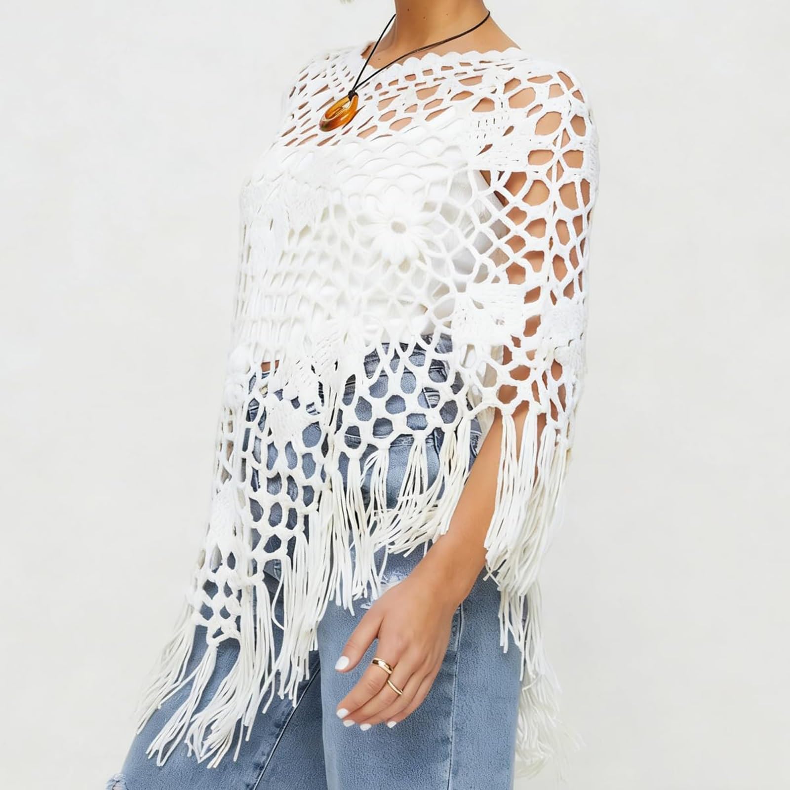 Genérico Poncho Y Capa De Punto Y Ganchillo Para Mujer Diseño Floral Con Flecos, Estilo Boho Y Casual Cubrebaños Chal Envolvente