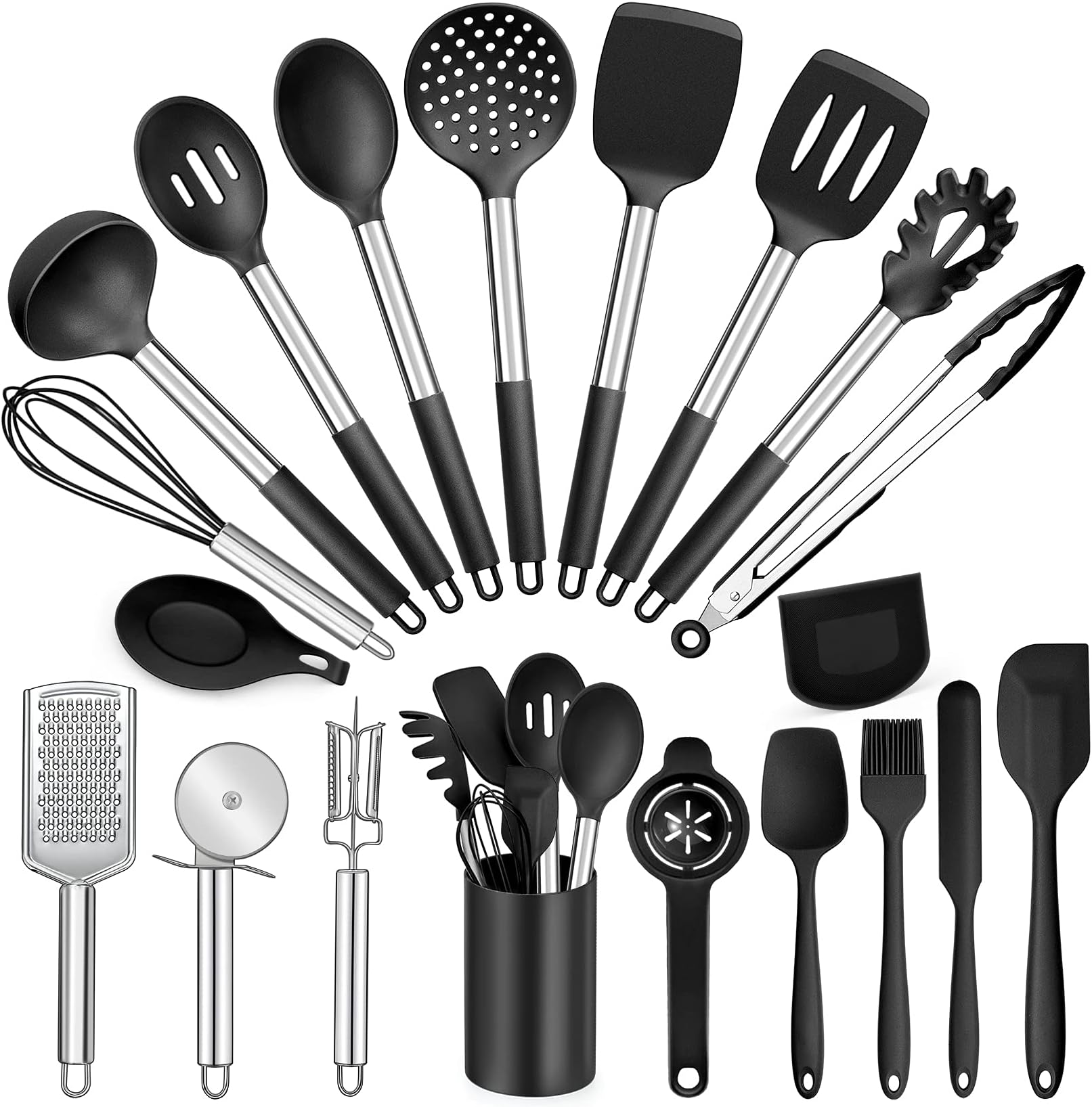P&P CHEF Kitchen Utensils Set (20Pcs), Black Cooking Utensil Kit Heat-proof Silicone Cookware with Stainless Steel Handles, Non-stick & Non-toxic, Heavy Duty & Dishwasher Safe