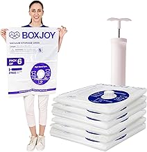 BOXJOY Pack of 6 LARGE (60x80cm) Transparent Vacuum Storage Bags for Travelling Packing Clothes Blanket Pillows Cloth Space Saver Suction Vaccine Air Compression Bag with Travel Vacuum Hand Pump