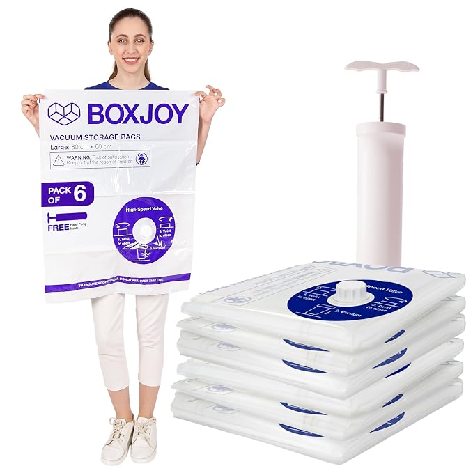 BOXJOY Pack of 6 LARGE (60x80cm) Transparent Vacuum Storage Bags for Travelling Packing Clothes Blanket Pillows Cloth Space Saver Suction Vaccine Air Compression Bag with Travel Vacuum Hand Pump