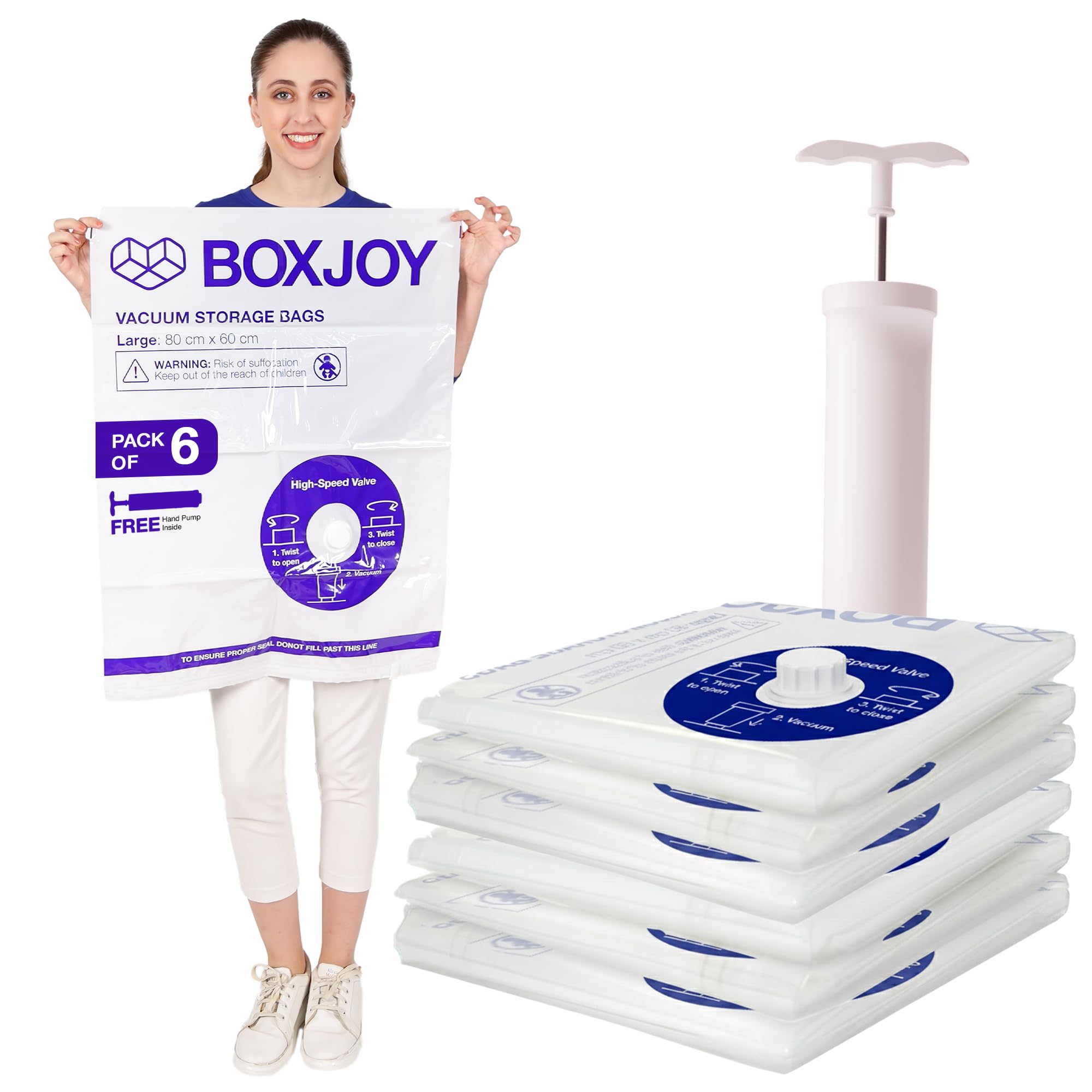 BOXJOY Pack of 6 LARGE (60x80cm) Transparent Vacuum Storage Bags for Travelling Packing Clothes Blanket Pillows Cloth Space Saver Suction Vaccine Air Compression Bag with Travel Vaccum Hand Pump-image-6