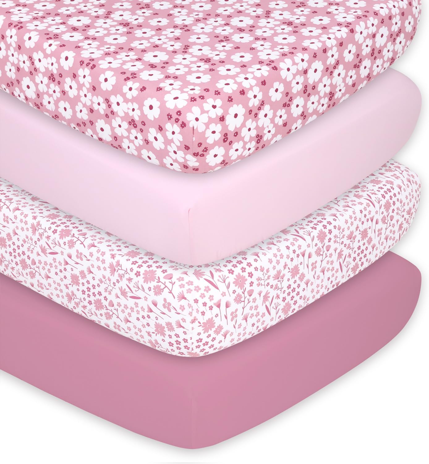 The Peanutshell 4-Pack Fitted Crib Sheet Set - Super Soft & Breathable Baby Girl Crib Sheets, Nursery Decor, Fit for Standard Mattress Cover- Daisy