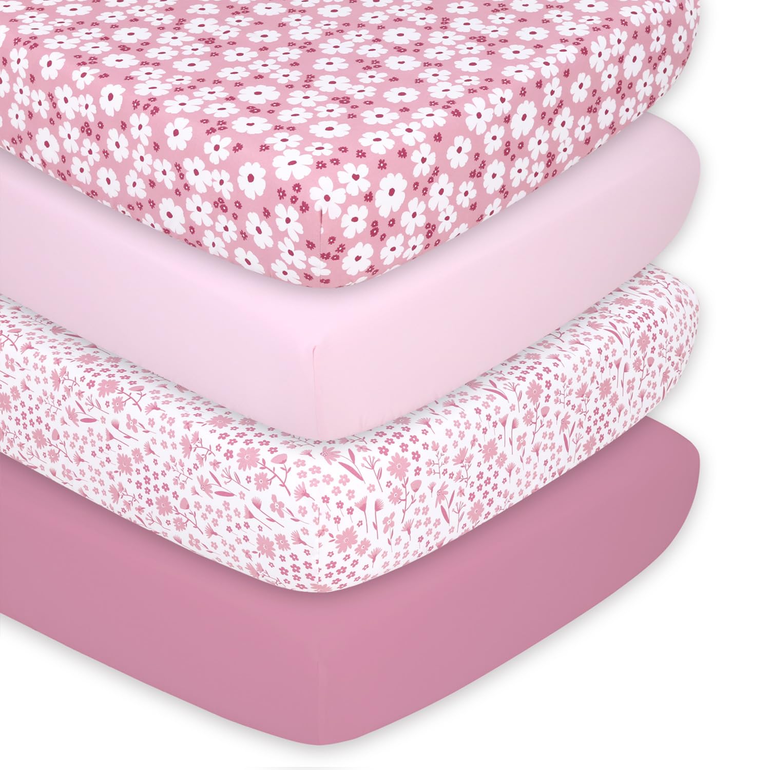 The Peanutshell Sábanas de cuna para niñas, juego de sábanas bajeras para bebé, colchón de cuna de tamaño estándar, 52 x 28 pulgadas, decoración floral de margaritas, paquete de 4 en rosa, blanco