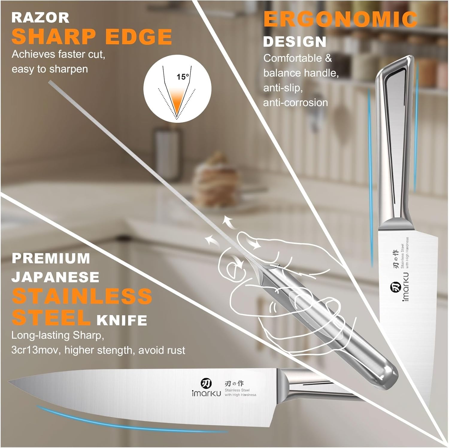 Knife Sets for Kitchen with Block imarku G14 Japanese Knife Set Stainless Steel Kitchen 14pcs, Built-in Sharpener, Sharp Knives with Non-slip Ergonomic Handle - Dishwasher Safe, Home Essential Gifts - Image 3