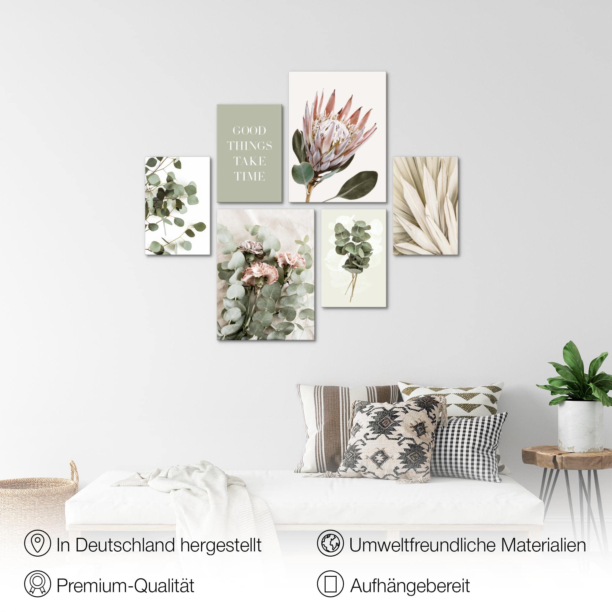 Novart Wandbilder Set 6 Teiliges Bild Grün Blätter Boho Beige, Schlafzimmer Bilder Wohnzimmer Modern Deko, Aufhängefertig Wanddeko Wohnzimmer