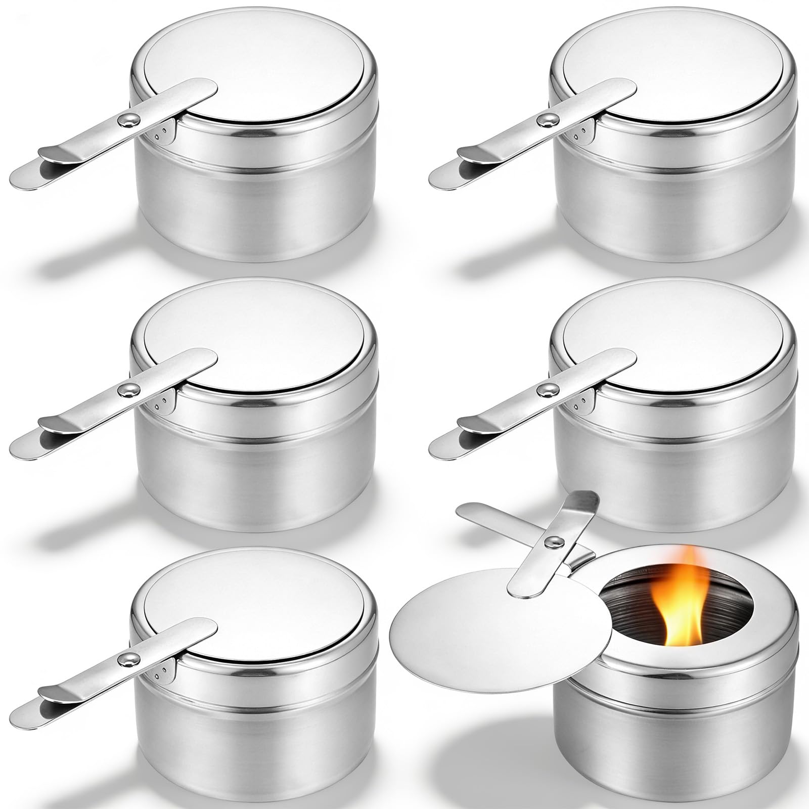 6Pcs Stainless Steel Chafing Dish Fuel Can with Safety Cover for Chafing Fuel & Alcohol Burner, Disposable or Reusable Chafing Fuel Holder for Camping, Fondue, Buffet, Parties, Catering