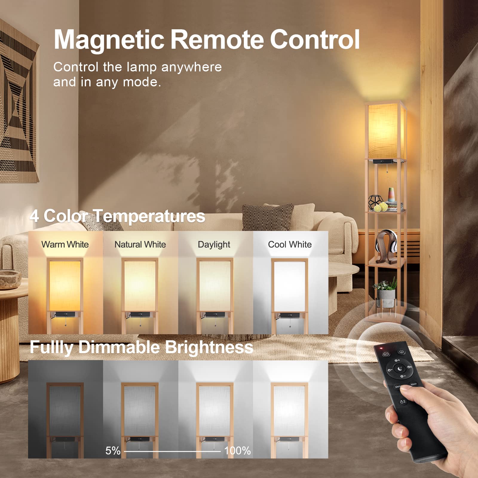 OUTON Lampada da Terra con Scaffale, Lampada da Terra Salotto Dimmerabile con Telecomando, Lampada a Stelo 160cm, 2 Porte di Ricarica USB, Piantana da Terra per Soggiorno, Camera Da Letto, Legno