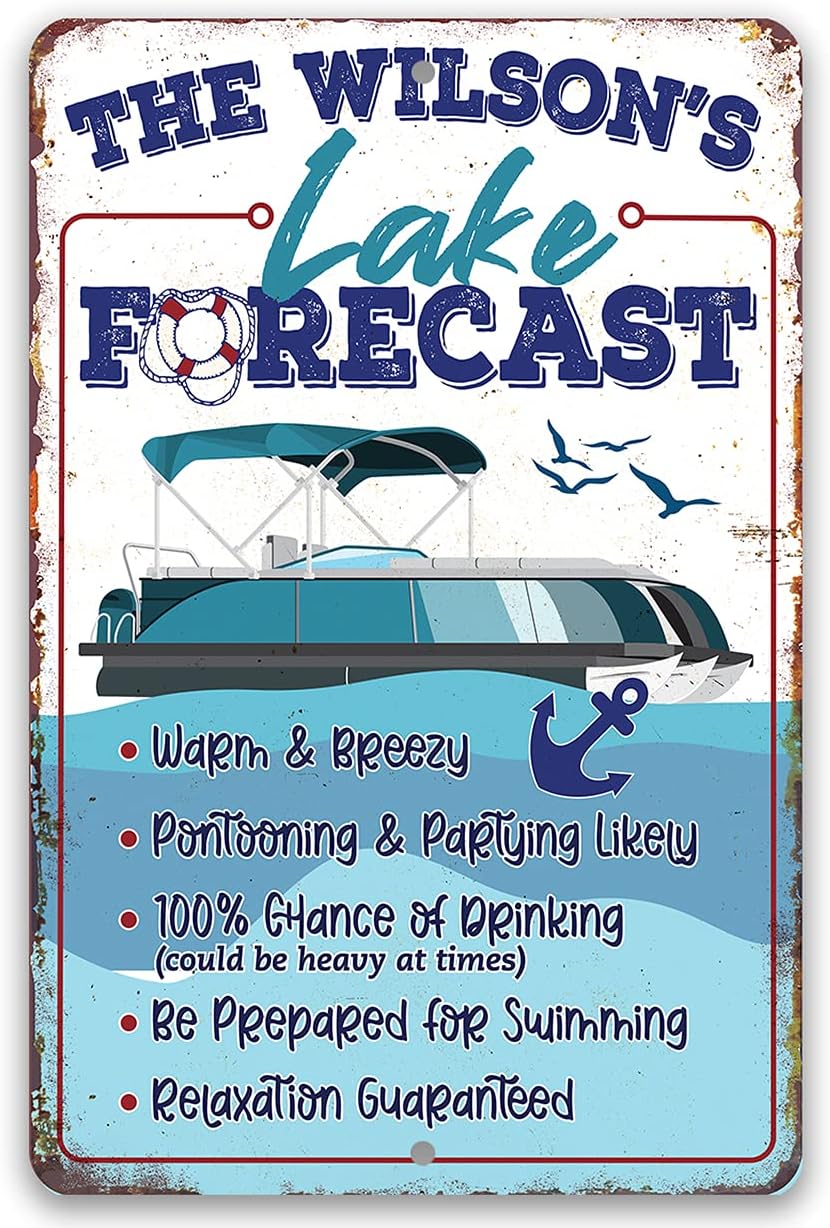 Personalized Lake Forecast Pontoon - Great Lake House and Cabin Decoration, Boating and Fishing Summer Accessories, Custom Name Housewarming Gift, 8x12 or 12x18 Indoors or Outdoors Durable Metal Sign