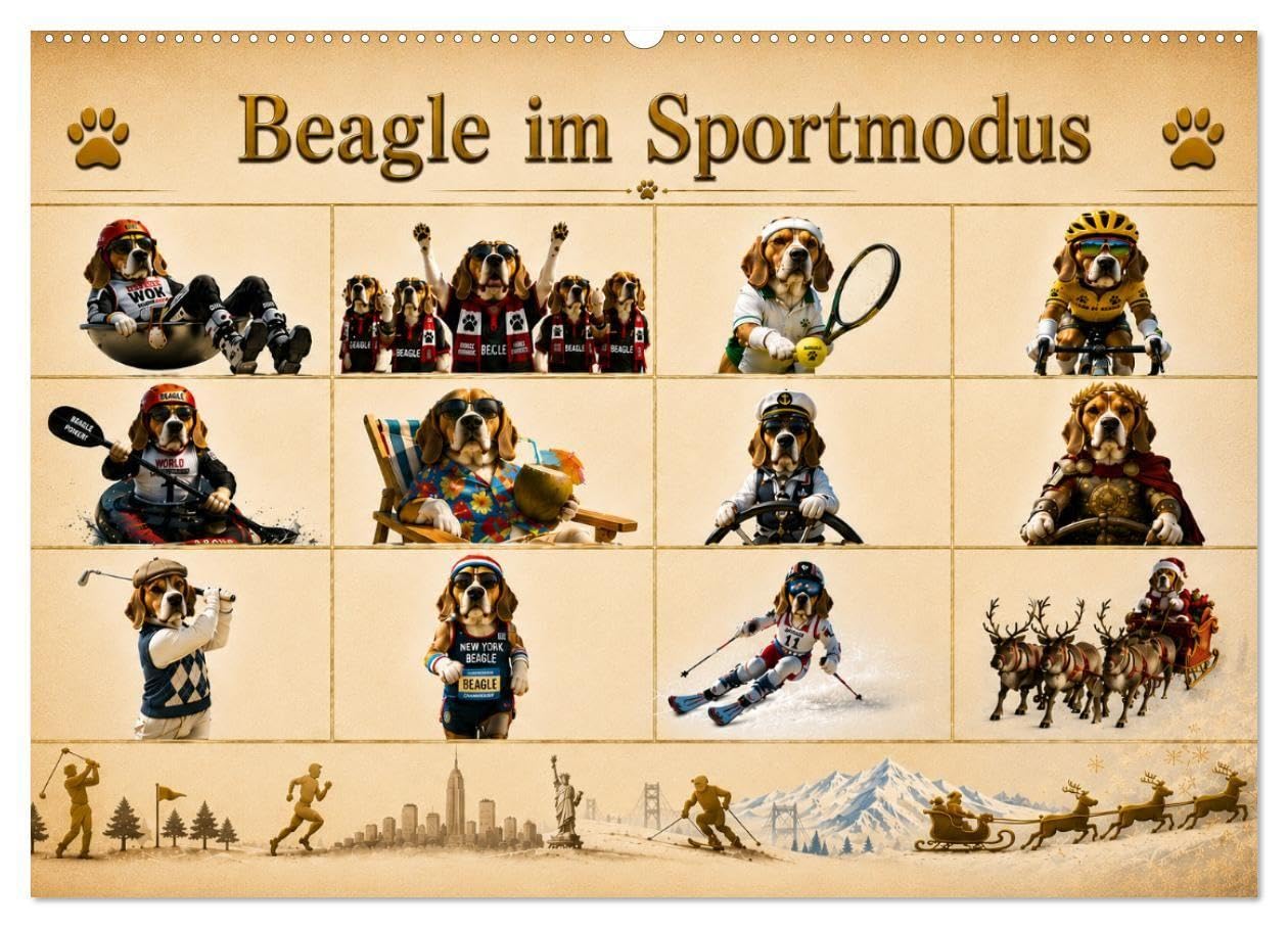 Beagle im Sportmodus (Wandkalender 2027 DIN A2 quer), CALVENDO Monatskalender: Beagle-Power: Sportlich durchs Jahr