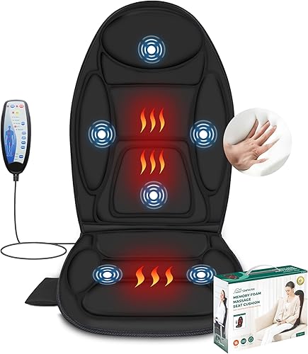 Snailax Masajeador de espalda con calor, masajeador eléctrico para aliviar el dolor de tejido profundo, cojín de asiento de masaje de espuma