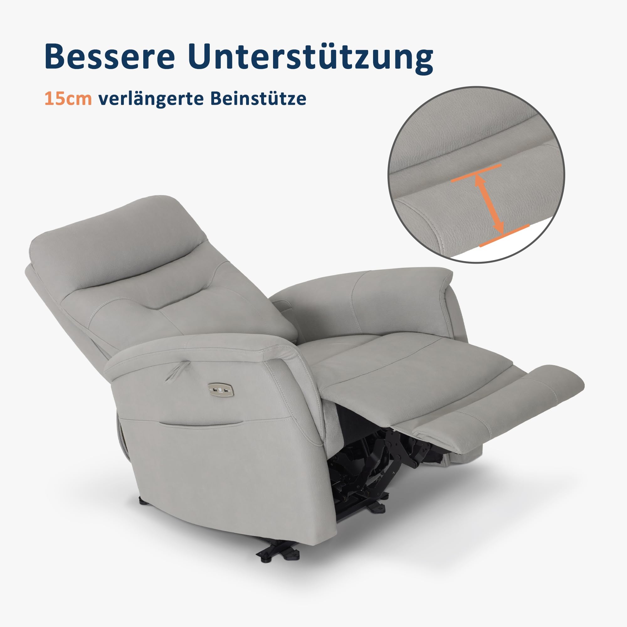 M MCombo Relaxsessel mit Liegefunktion, Fernsehsessel Elektrisch Verstellbar, TV Sessel mit 160° Liegefunktion, Recliner Chair, USB & Seitentasche, Sessel Wohnzimmer Relax, 7077 (Hellgrau)