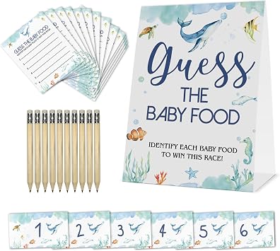 Guess The Baby Food Party Games, Baby Shower Game Set 1 Standing Sign + 25 Answer Cards + 6 Number Cards+10pens, Ocean Theme Baby Shower Decorate Neutral Greenery Boys and Girls Shower Games