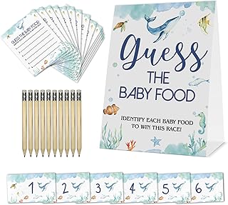 Guess The Baby Food Party Games, Baby Shower Game Set (1 Standing Sign + 25 Answer Cards + 6 Number Cards+10pens), Ocean Theme Baby Shower Decorate Neutral Greenery Boys and Girls Shower Games