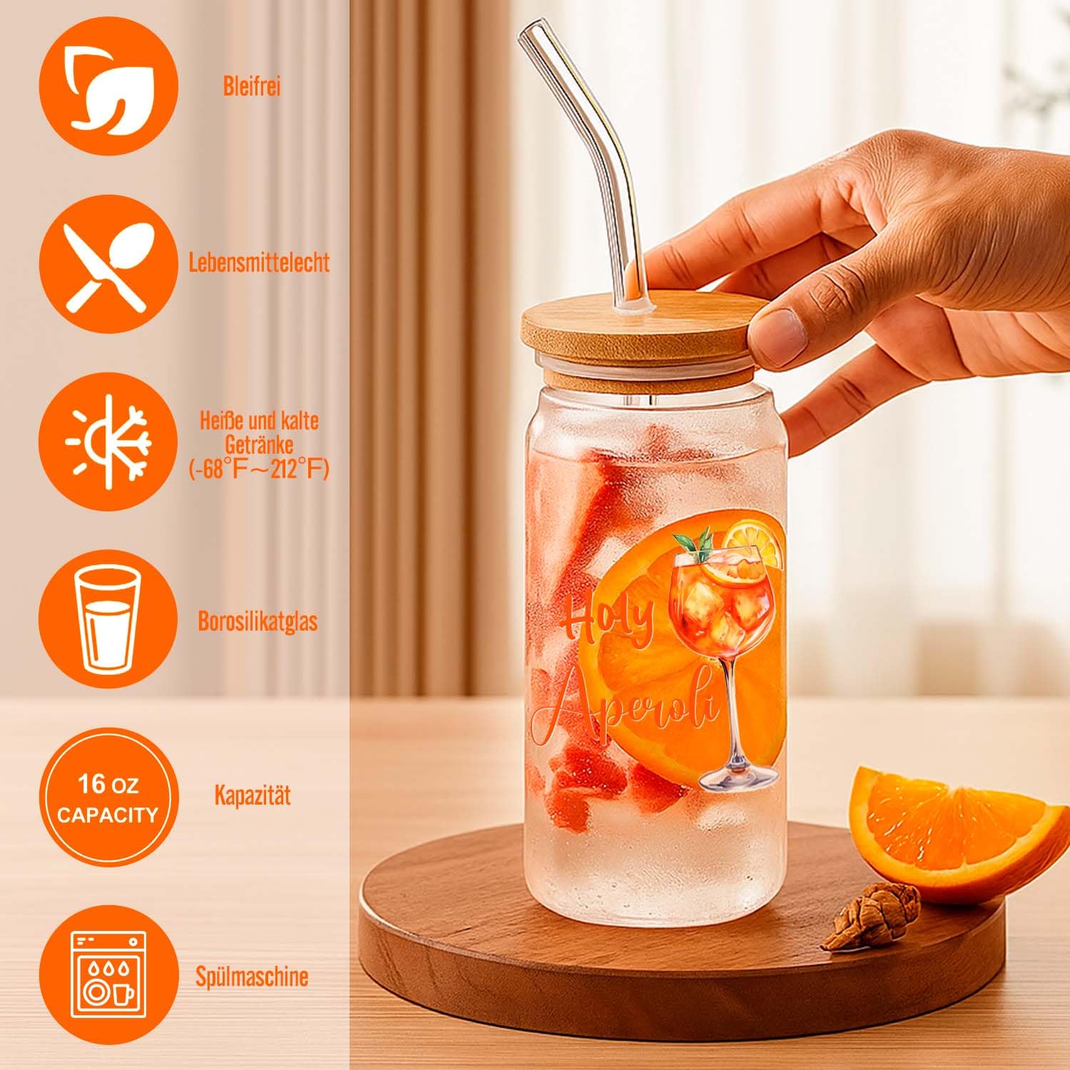 Aperol Spritz Bicchieri in vetro con coperchio, cannuccia Aperol Spritz accessori, regalo per donna Aperol Spritz