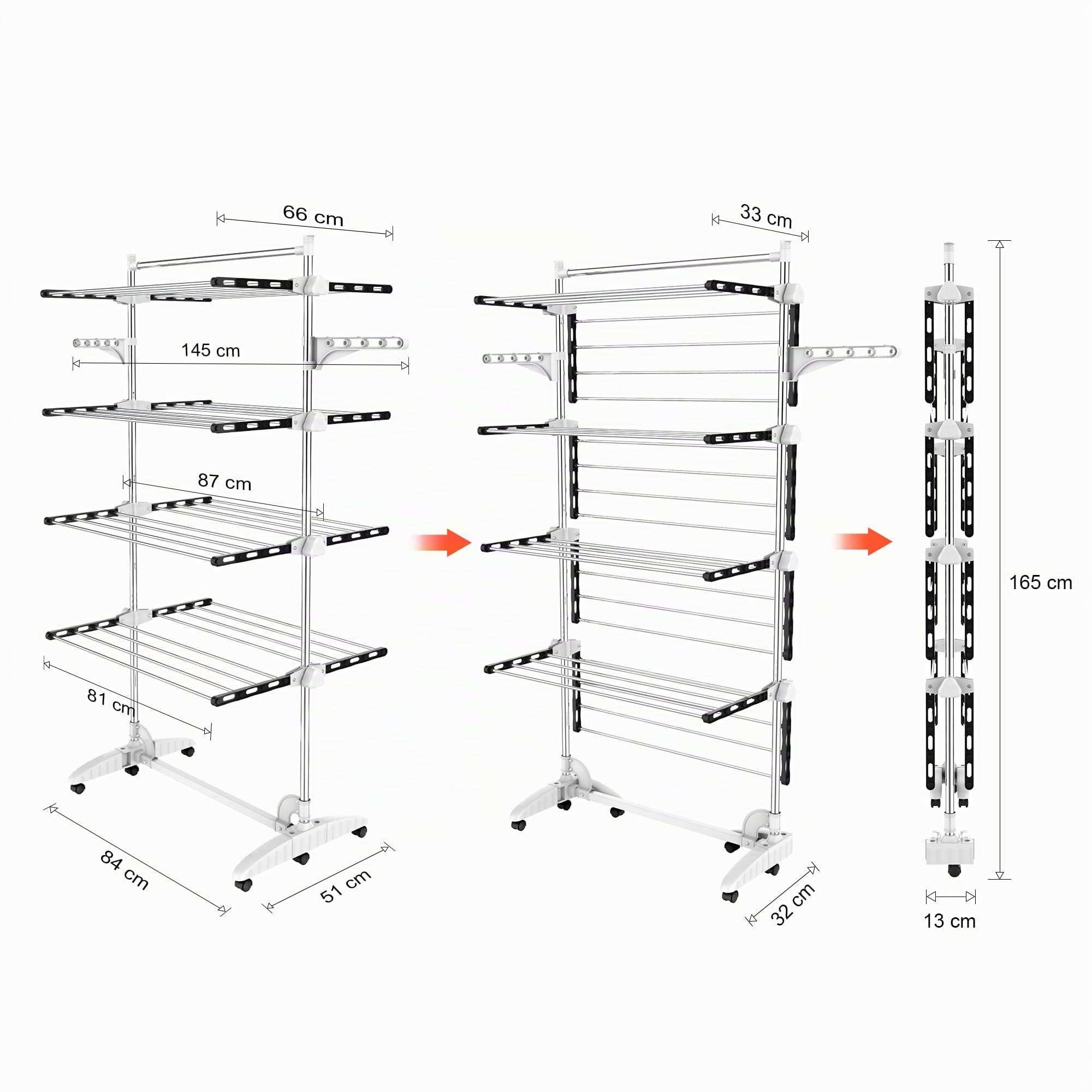 Todeco Stendibiancheria a torre pieghevole a 4 livelli in acciaio inox, asciugabiancheria a torre con 6 ruote, ali, asta superiore, stendibiancheria mobile per balcone, soggiorno, vasca da bagno, nero