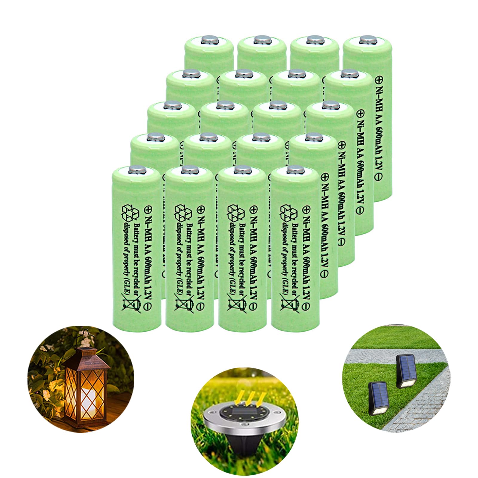 NiMH AA 600mAh 1.2V Rechargeable Batteries for Solar Lights, Garden Lights, Remotes, Mice(Pack of 20)