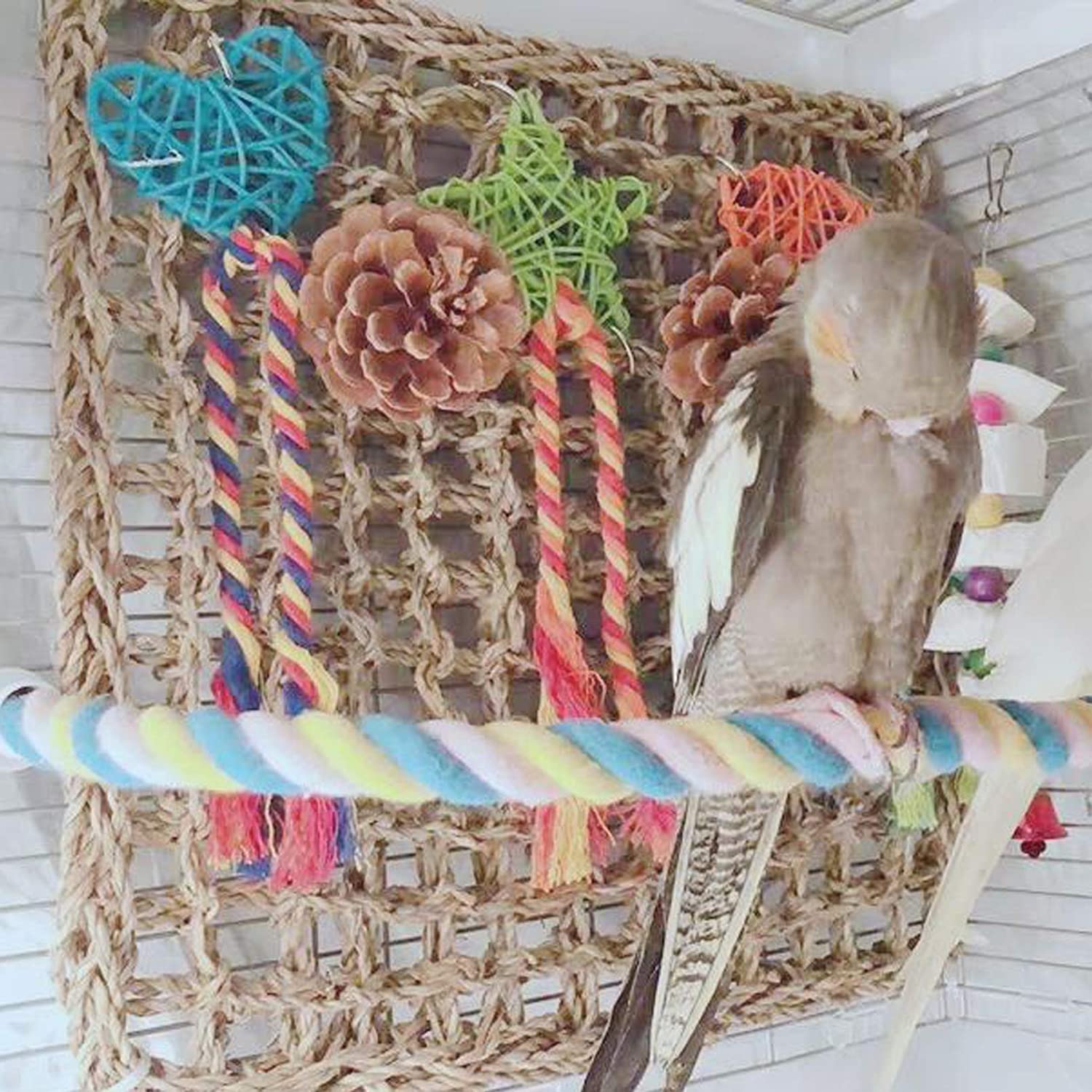 Vogel-Matte aus Seegras, natürlichem gewebtes Netz, Vogelsuche, Kauspielzeug, Hängematte, Matte mit Haken für Sittiche, Nymphensittiche, Hängematte N