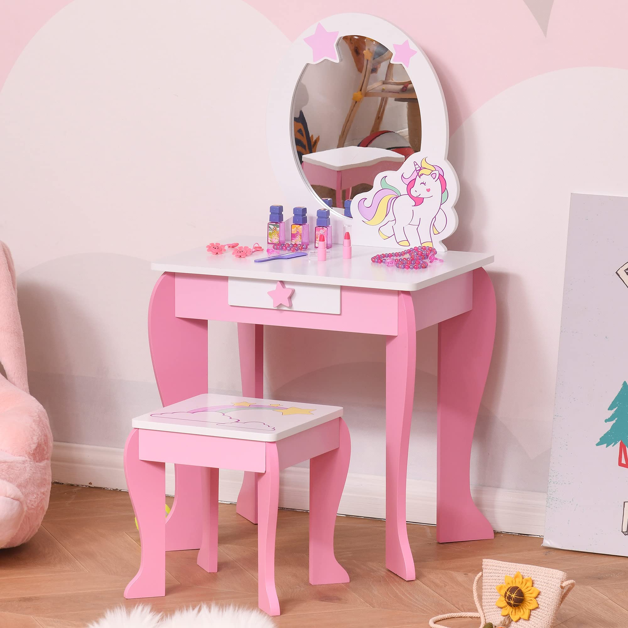 HOMCOM - Tocador infantil con diseño de unicornio, taburete incluido. 49 x 34 x 90 cm – cajón, espejo – MDF – rosa blanco