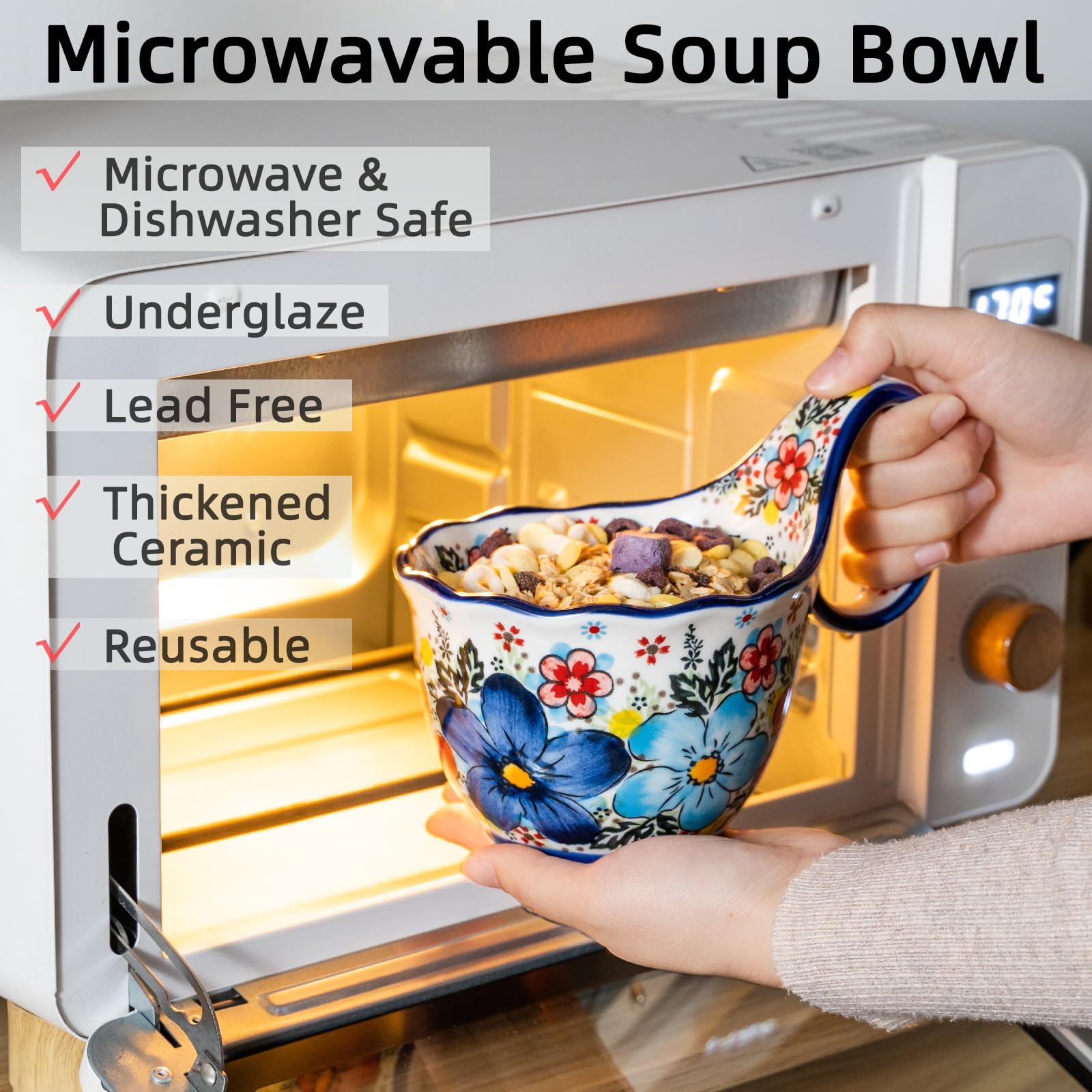 ALMA Mikrowellengeeignete Suppenschüssel mit Schlaufengriff, handbemalt, dekorativer Becher, großer Griff, Keramik-Suppenschüssel für Mutter, Müslischale, ideal für Obst, Chili, Eintopf, Eis, 530 ml